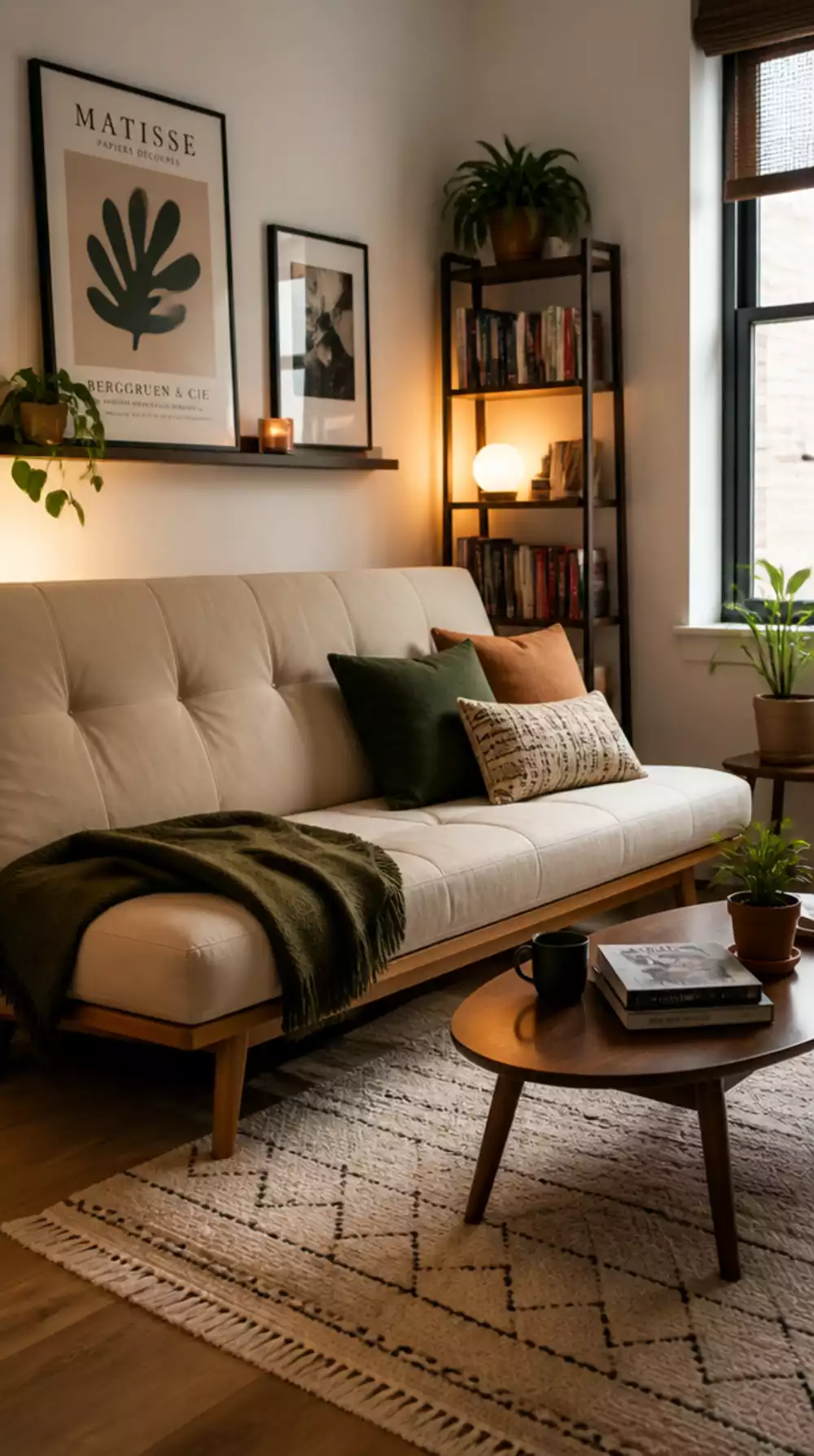 Small College Apartment Living Room Futon That Works as a Sofa and a Guest Bed in a Tiny Space