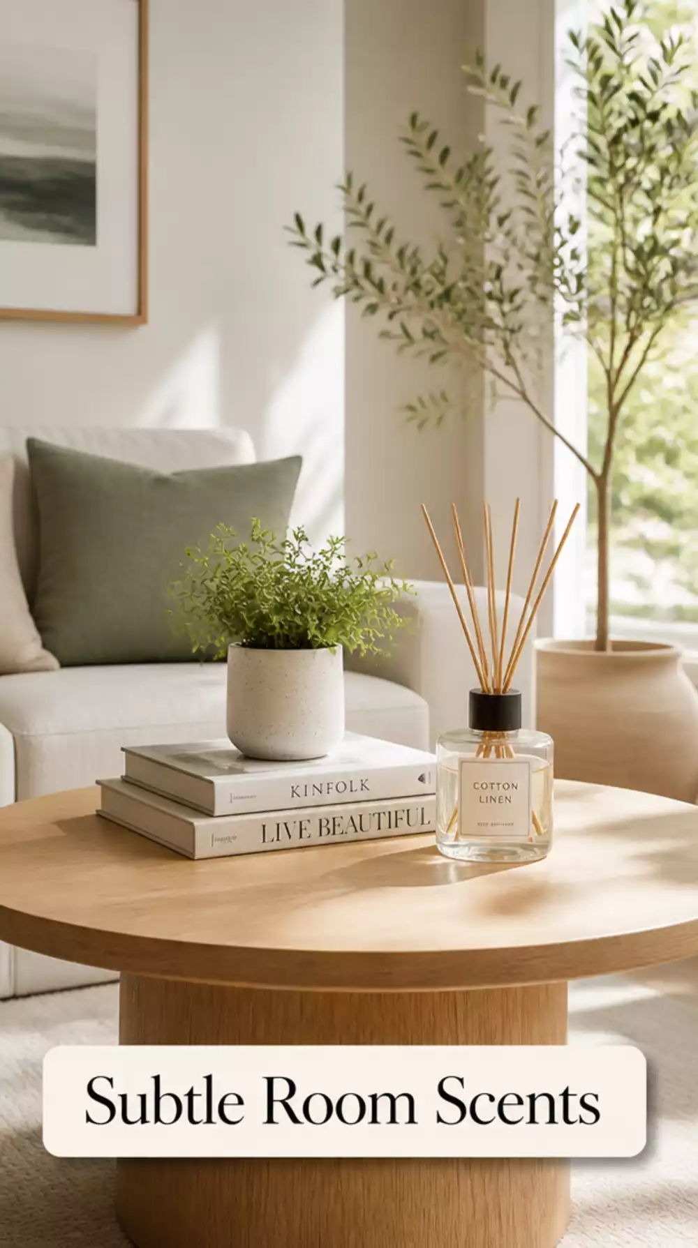 Reed diffuser on coffee table for subtle tiny space scent