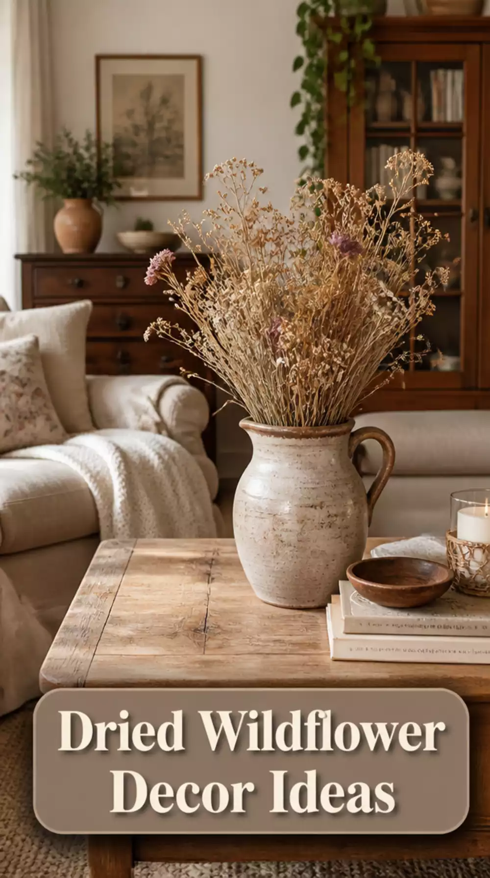 Small Living Room Dried Wildflower Bundle in a Ceramic Jug That Brings Cottagecore Into a Tiny Space