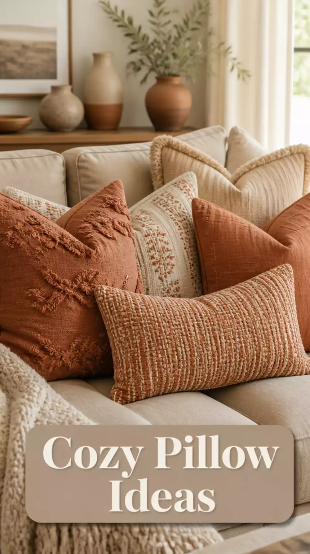 Small Living Room Terracotta Throw Pillow Set That Instantly Warms a Tiny Neutral Sofa