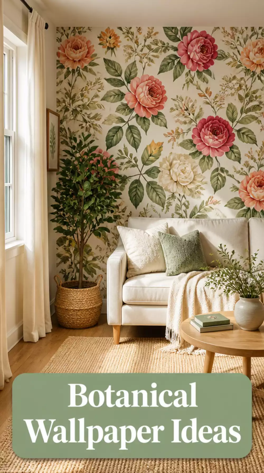 Small Living Room Botanical Wallpaper on One Wall That Makes a Tiny Space Feel Like a Garden