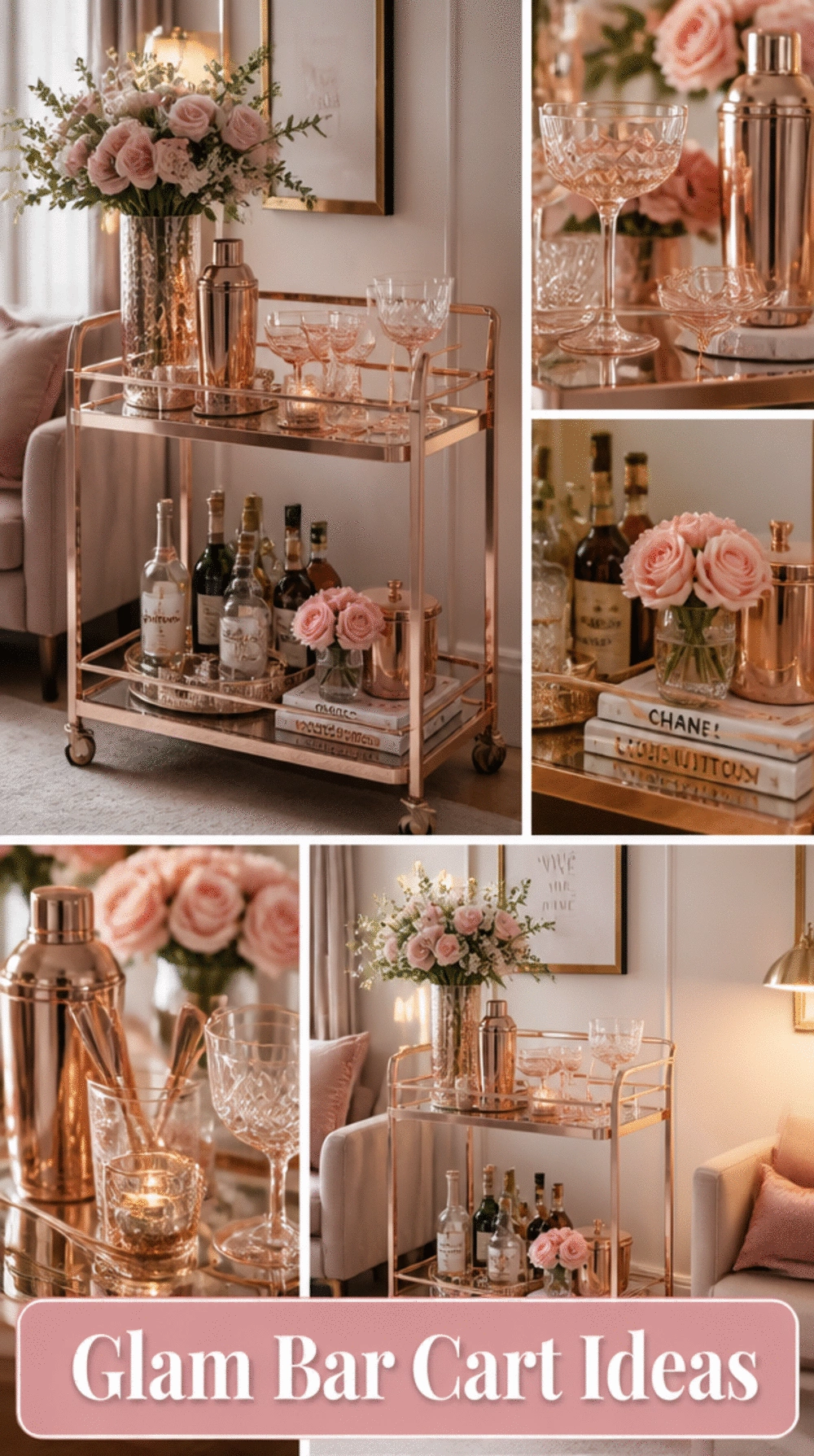 Living Room Rose Gold Bar Cart in a Small Glam Space That Makes Entertaining Easy