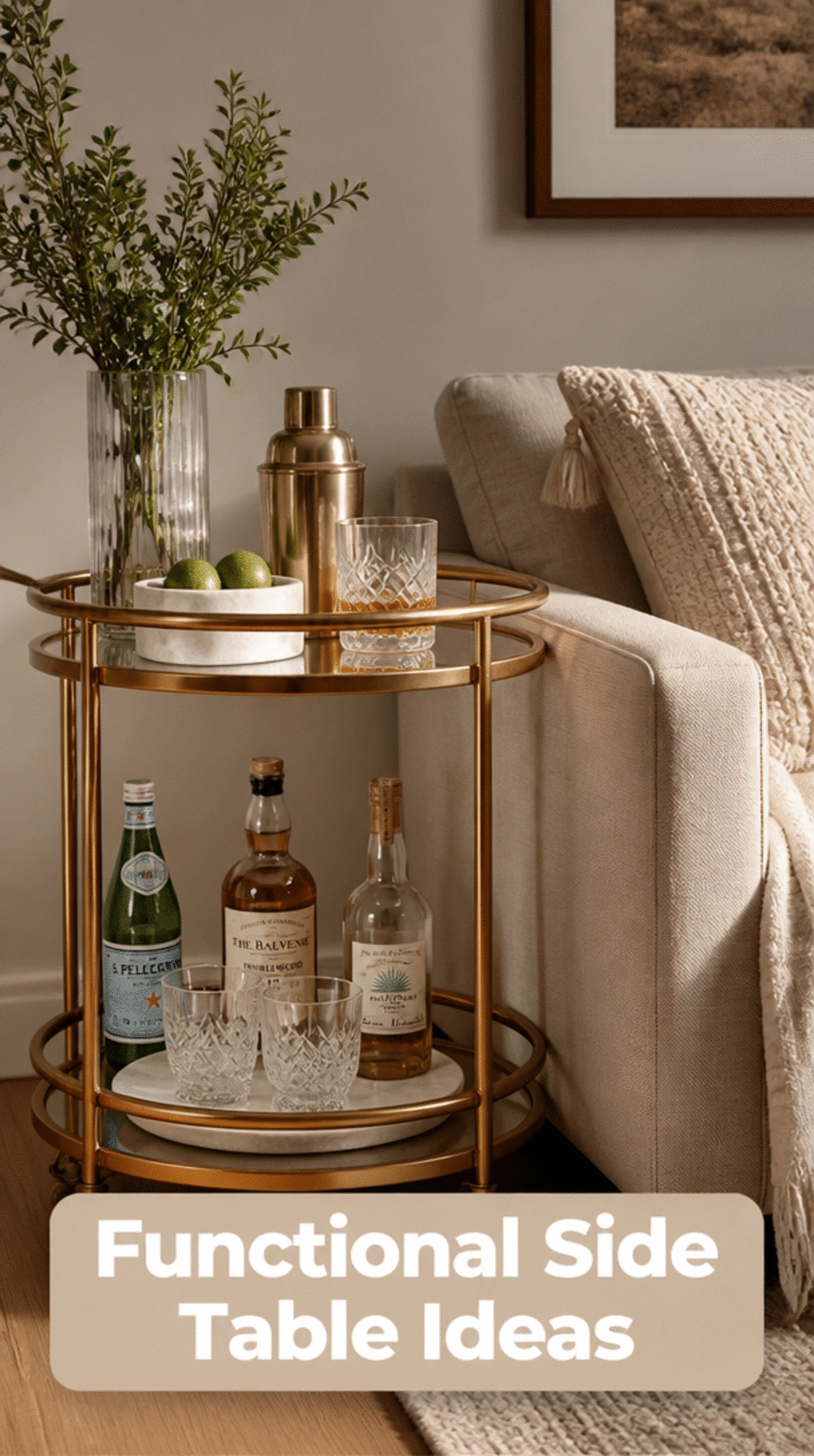 Small Living Room Bar Cart Beside the Sofa That Acts as a Functional Tiny Side Table