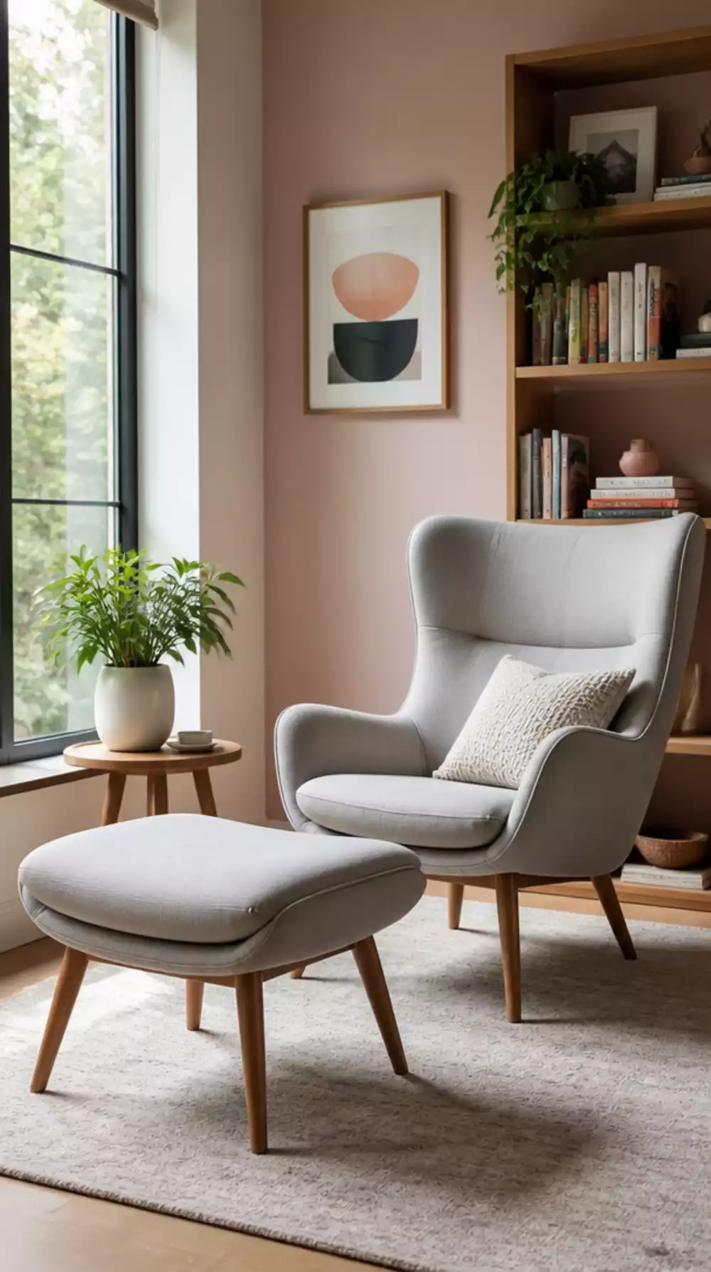 Small Living Room Corner Armchair With an Ottoman That Creates a Cozy Reading Nook
