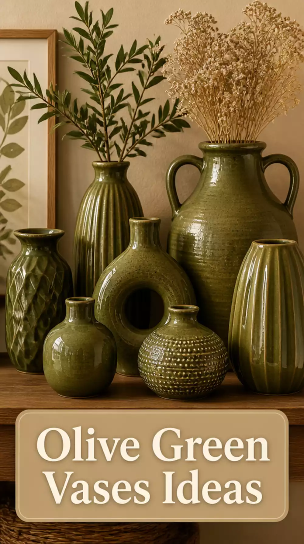 Small Living Room Olive Green Ceramic Vase Grouping That Adds Earthy Colour to a Tiny Shelf