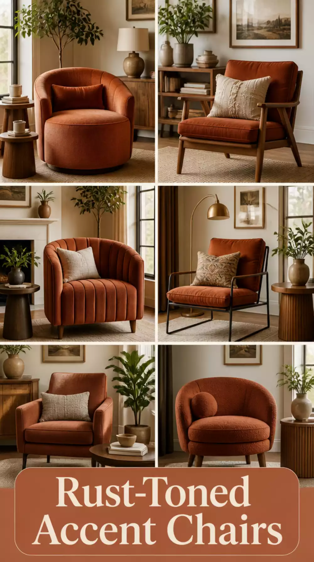 Small Living Room Rust-Toned Accent Chair That Grounds an Earthy Tiny Room With Bold Warmth