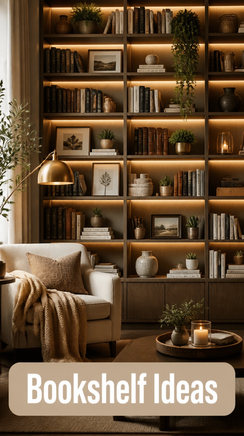 Living Room Floor-to-Ceiling Bookshelf in a Small TV-Free Space That Becomes the Feature Wall