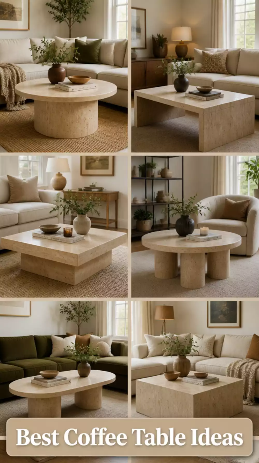 Living Room Travertine Coffee Table in a Small Organic Modern Space That Grounds the Room