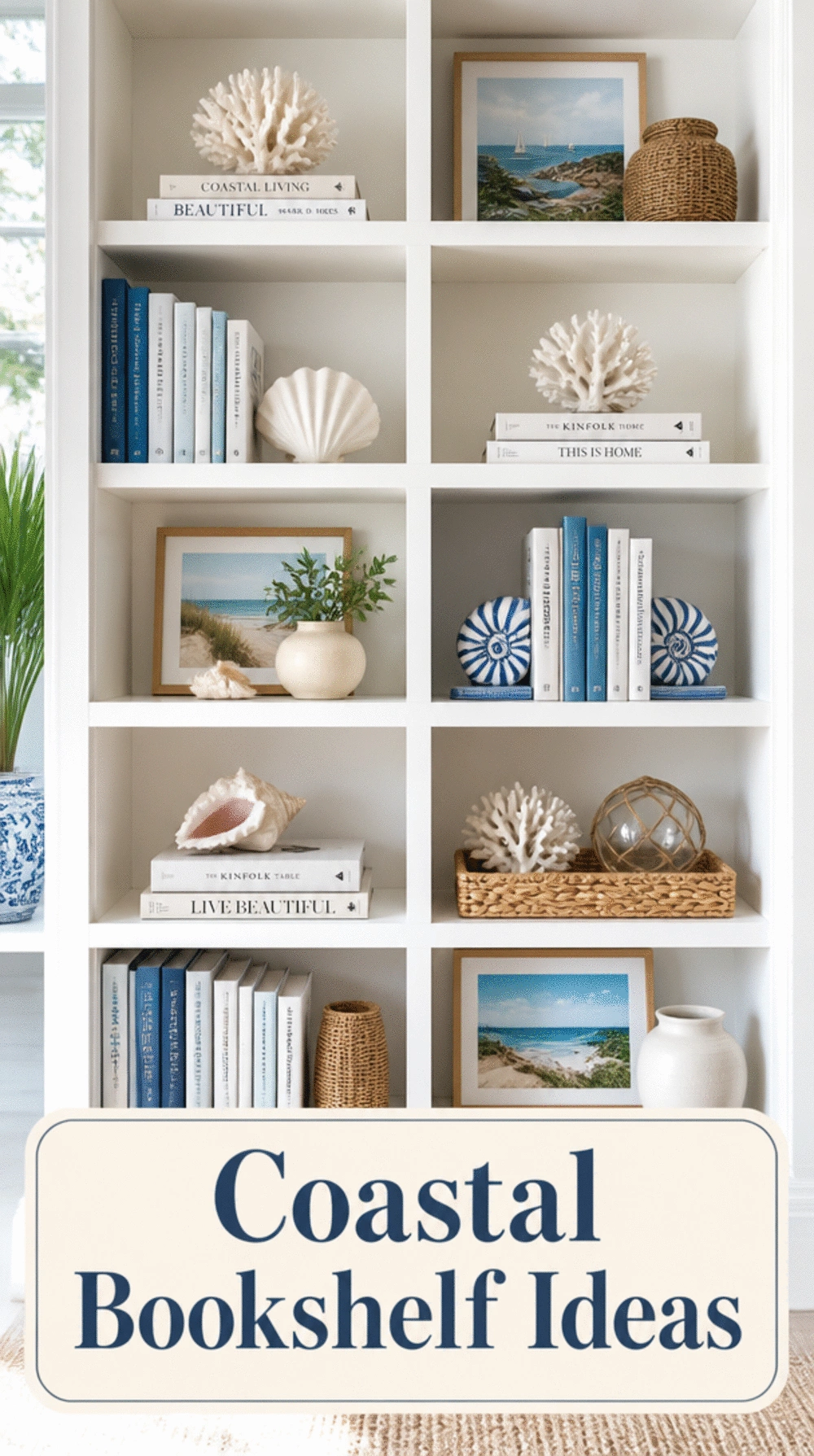 Small Living Room White Wooden Bookshelf Styled With Coastal Objects for a Hamptons Tiny Space