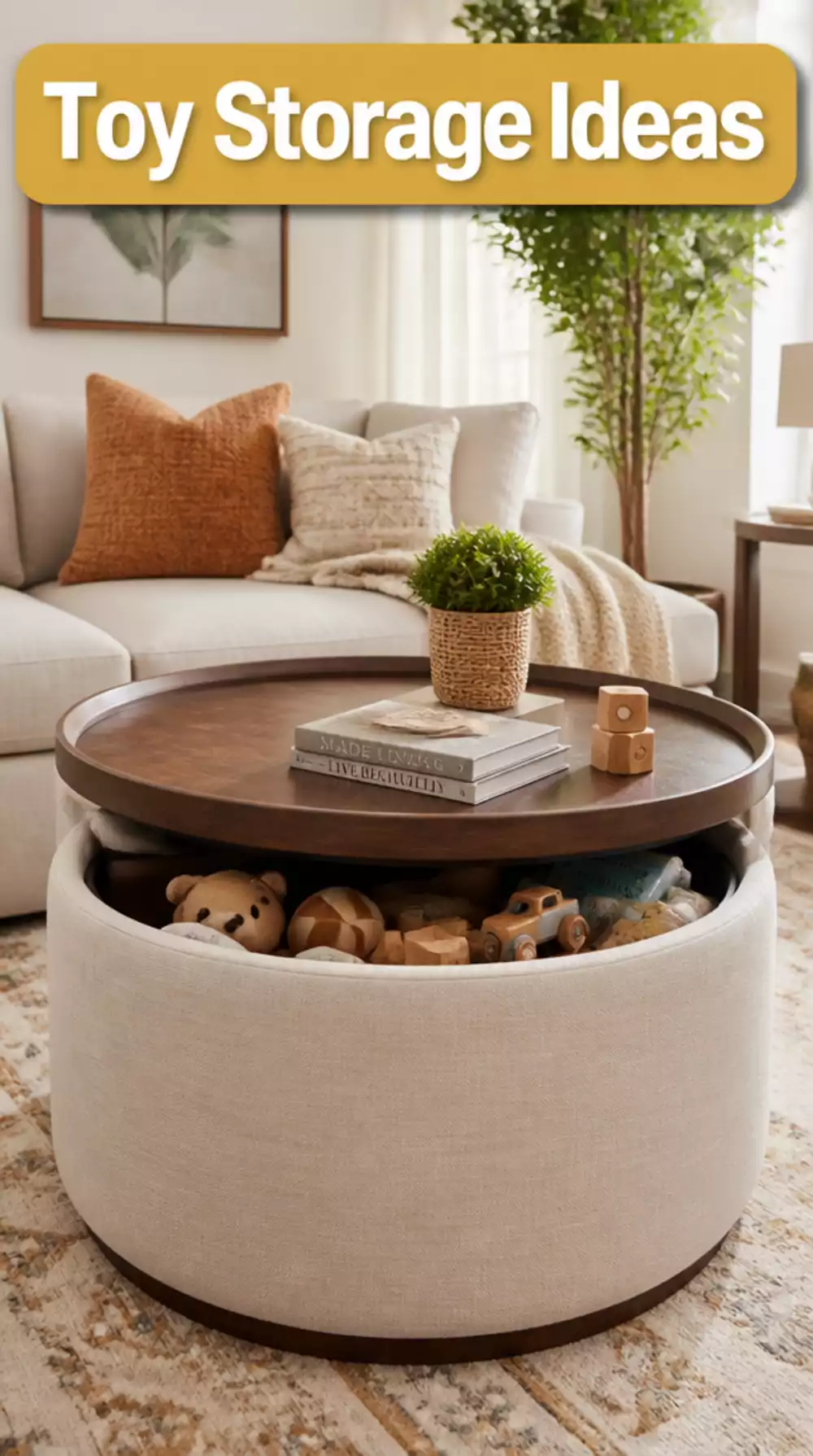 Living Room Storage Ottoman With a Tray Top That Hides Toys