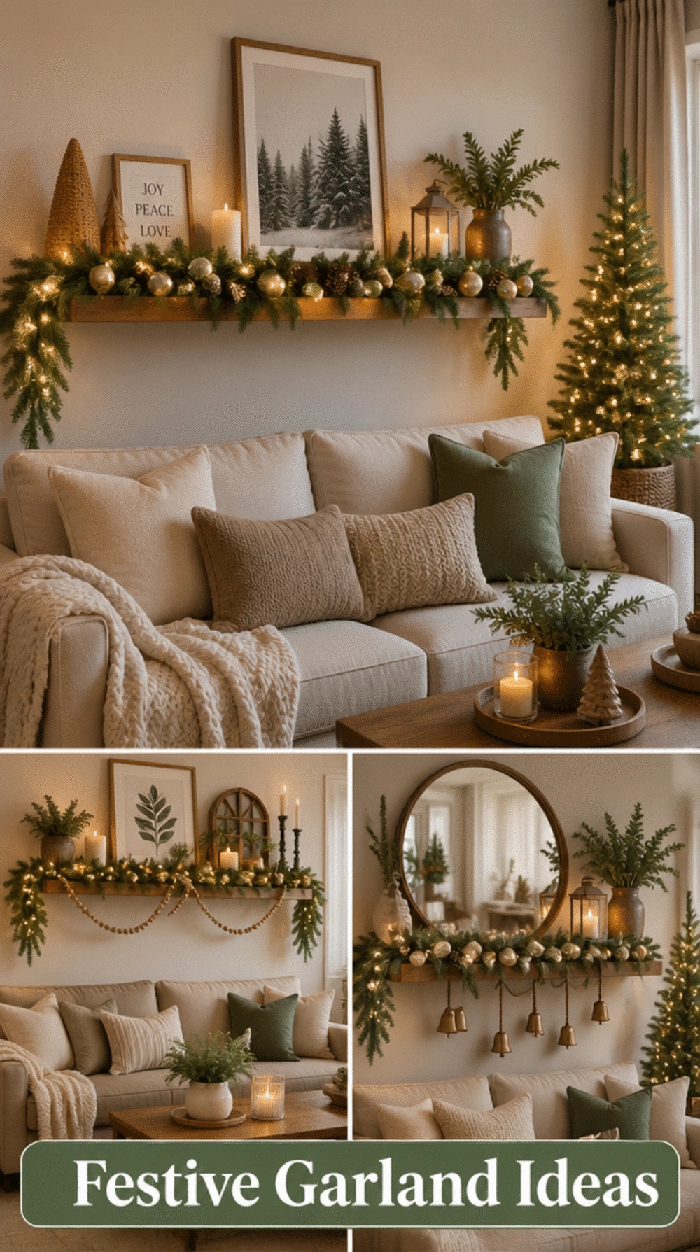 Living Room Garland Draped Along a Floating Shelf in a Small Space for a Festive Warm Glow