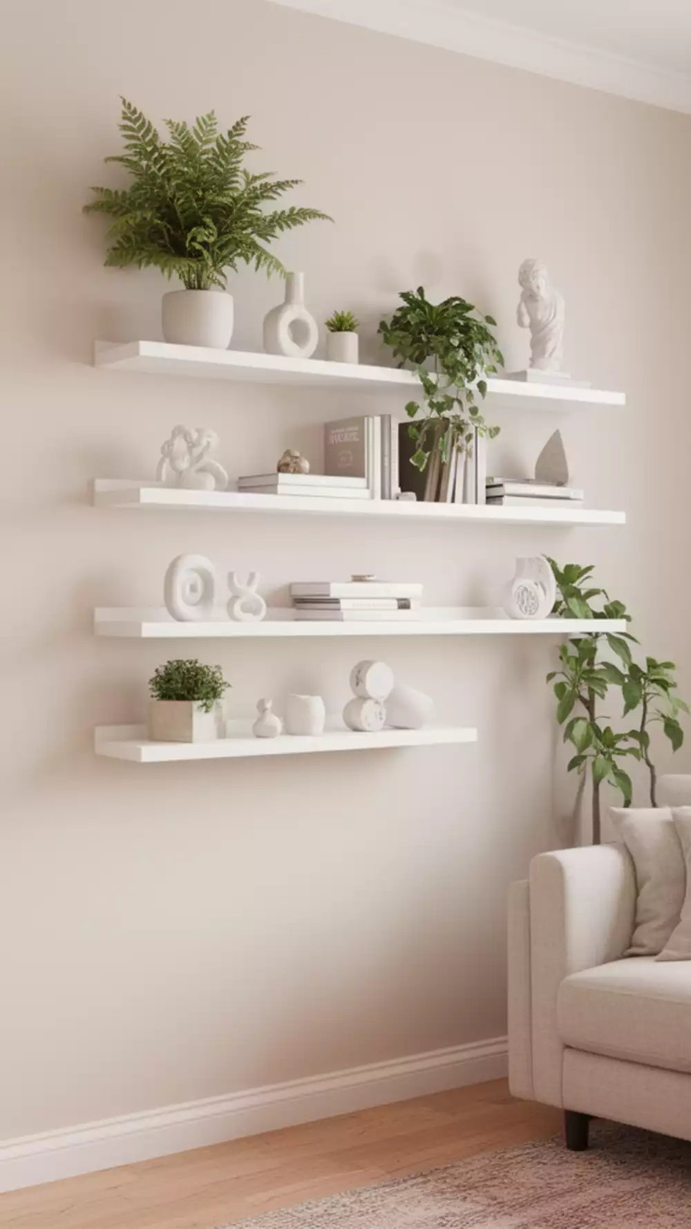 White Floating Shelves with Curated Decor for Small Living Rooms