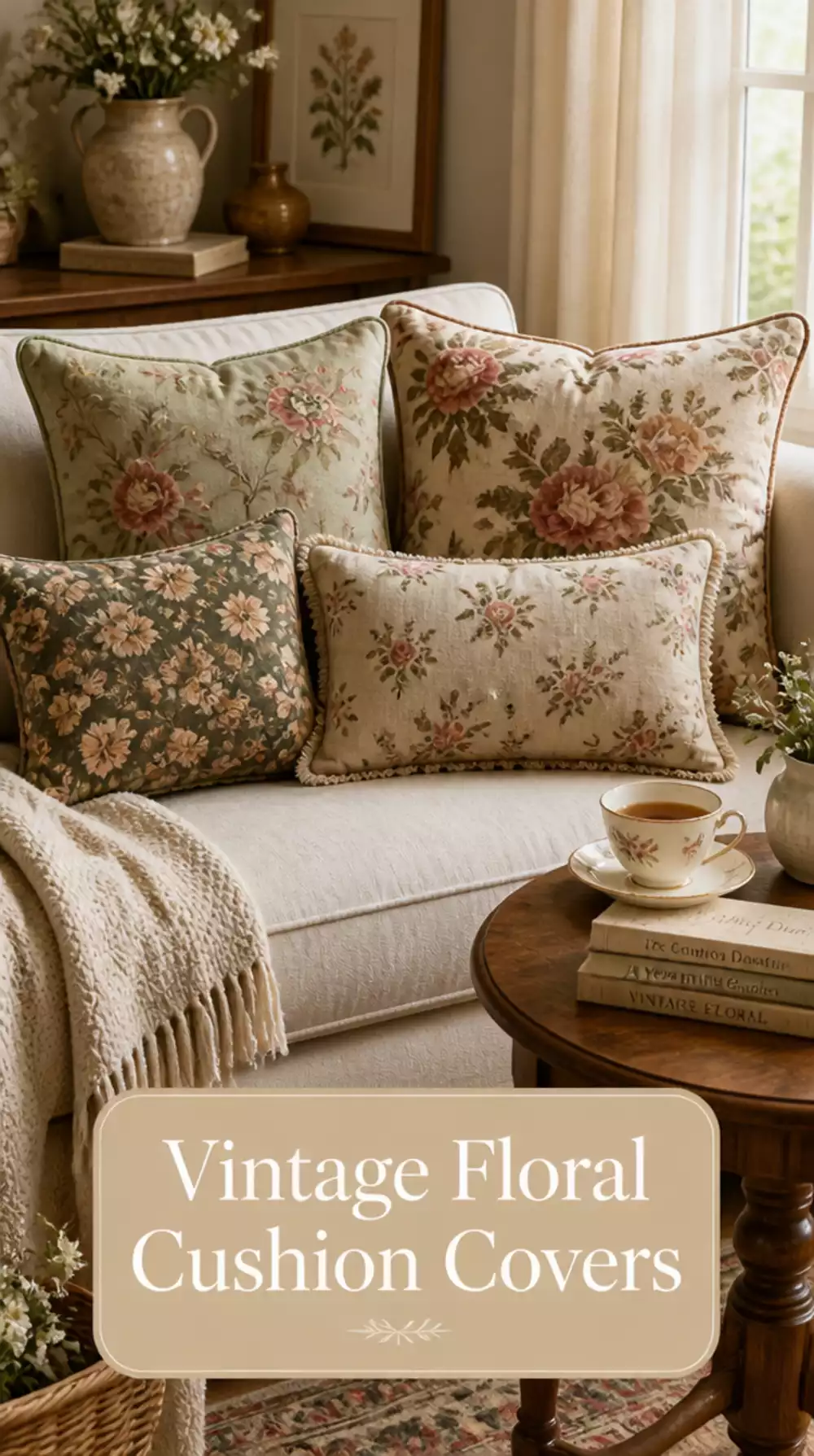 Living Room Vintage Floral Cushion Cover Mix on a Small Sofa That Nails Cottagecore Effortlessly