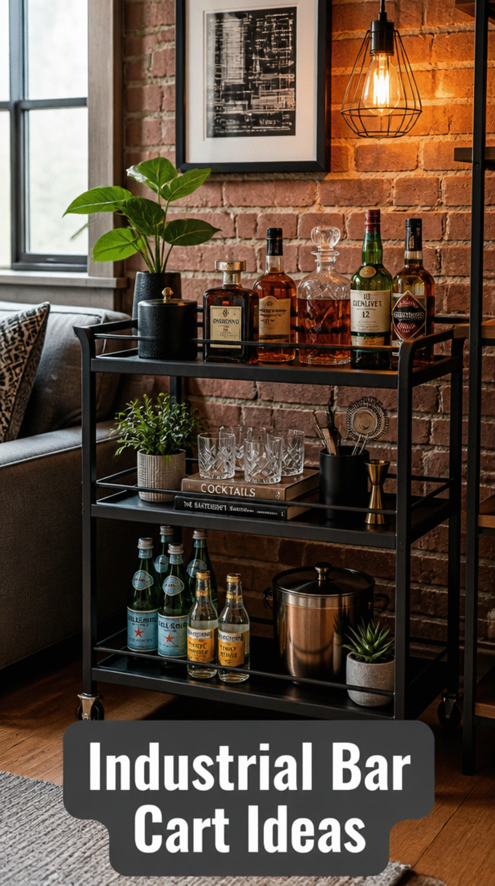 Small Living Room Black Iron Bar Cart That Adds an Industrial Edge to a Compact Space