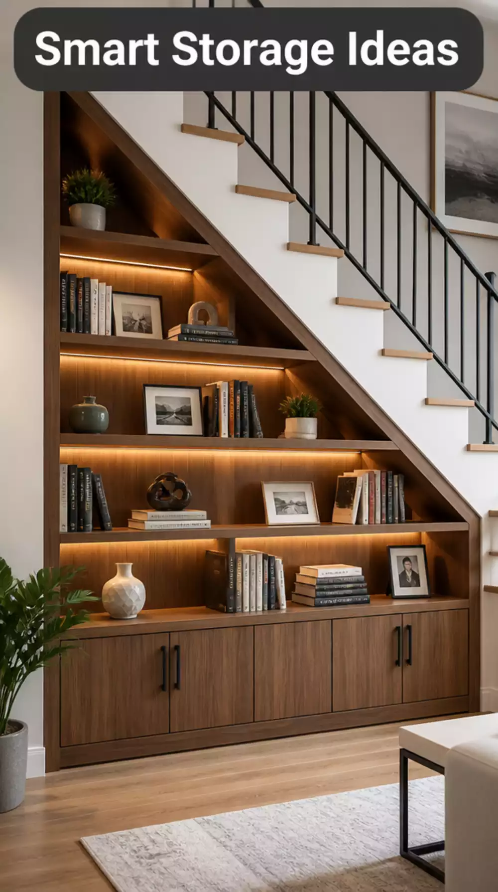 Living Room Under-Stair Built-In Shelving That Turns Small Wasted Space Into Smart Storage