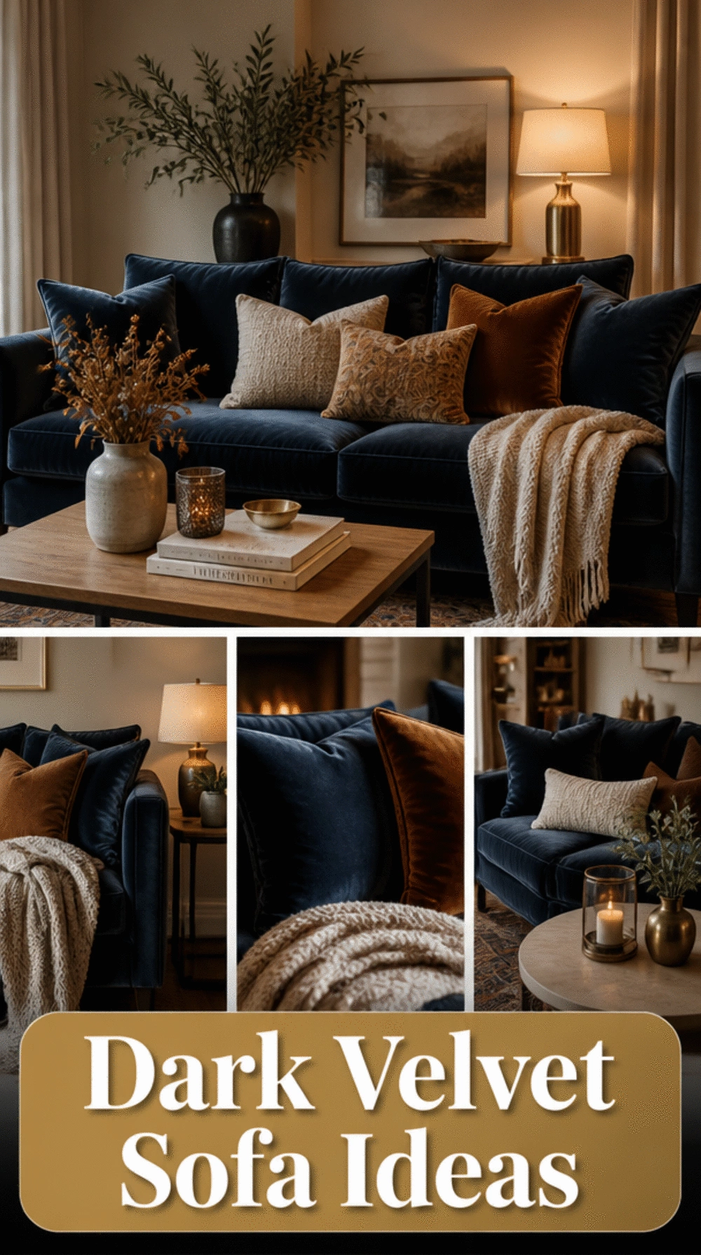 Small Living Room Dark Velvet Sofa in Midnight Blue That Anchors a Moody Tiny Room