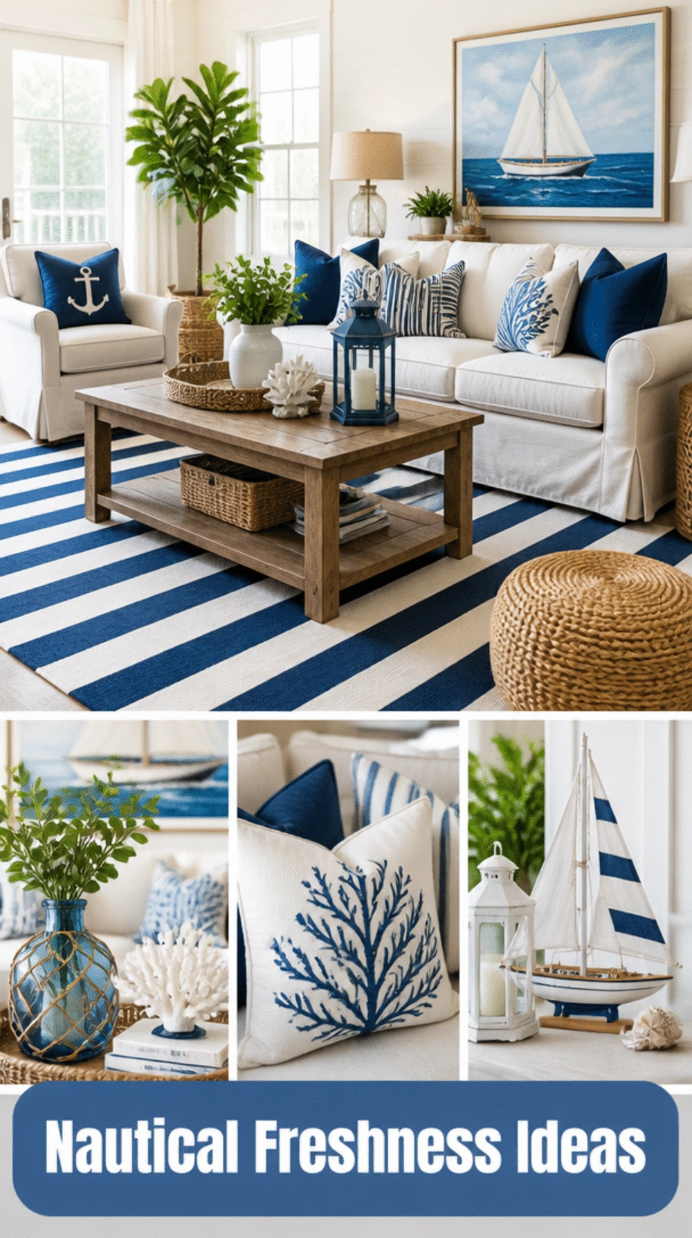 Small Living Room Blue and White Stripe Rug That Grounds a Tiny Space With Nautical Freshness