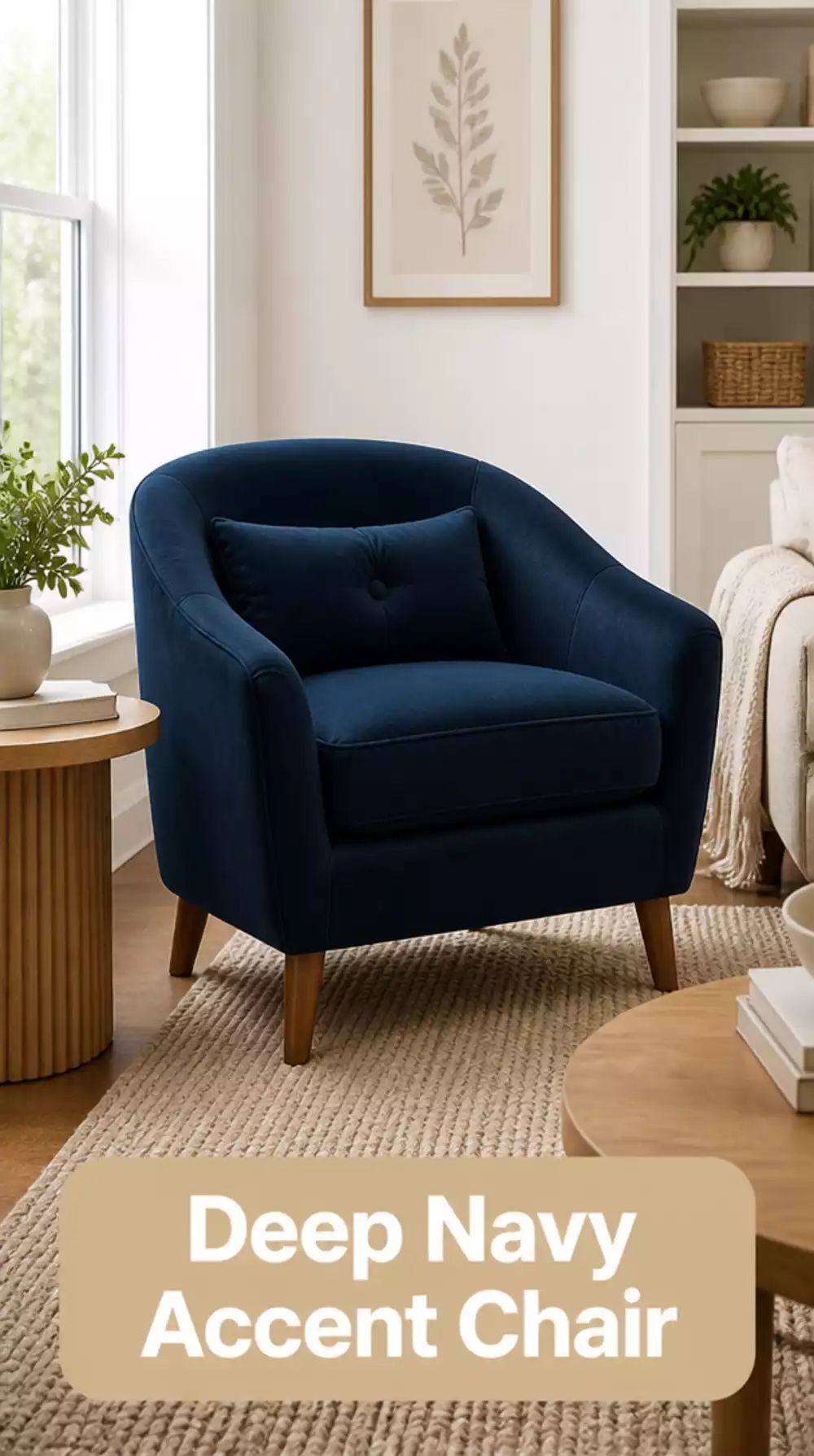 Small Living Room Deep Navy Accent Chair That Anchors a Neutral Tiny Space