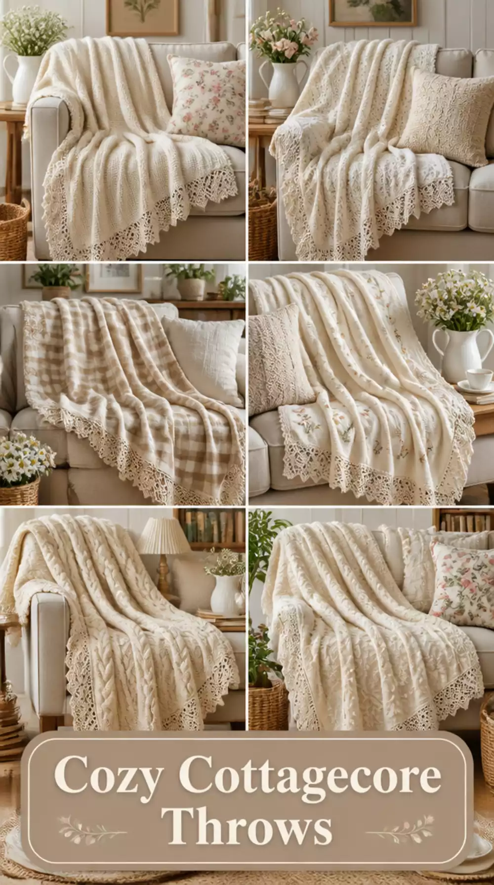 Small Living Room Lace-Edge Throw Blanket in Cream That Adds Cottagecore Softness to a Tiny Sofa