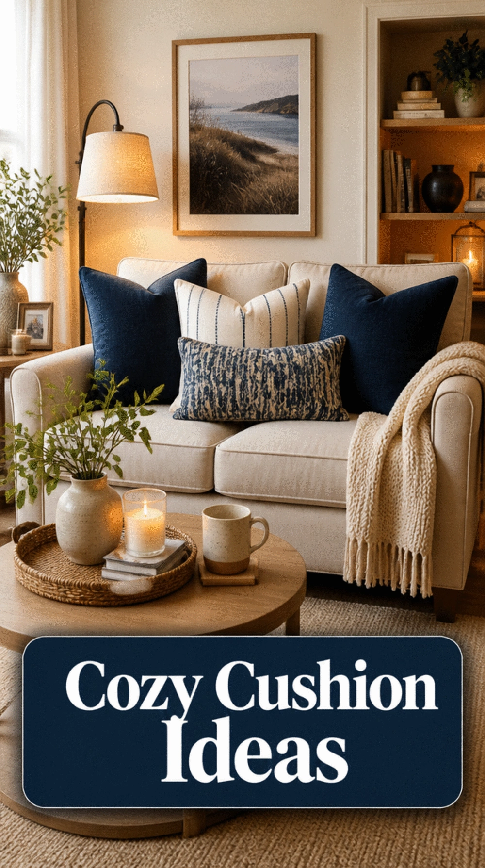 Small Living Room Navy Accent Cushion Set That Adds Depth to a Light Tiny Sofa Beautifully
