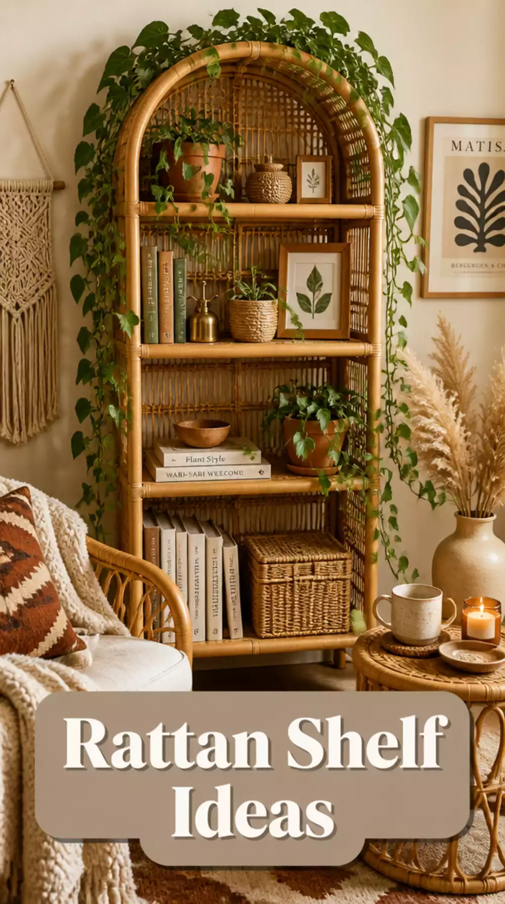 Small Living Room Rattan Shelf With Trailing Ivy That Defines a Boho Tiny Space