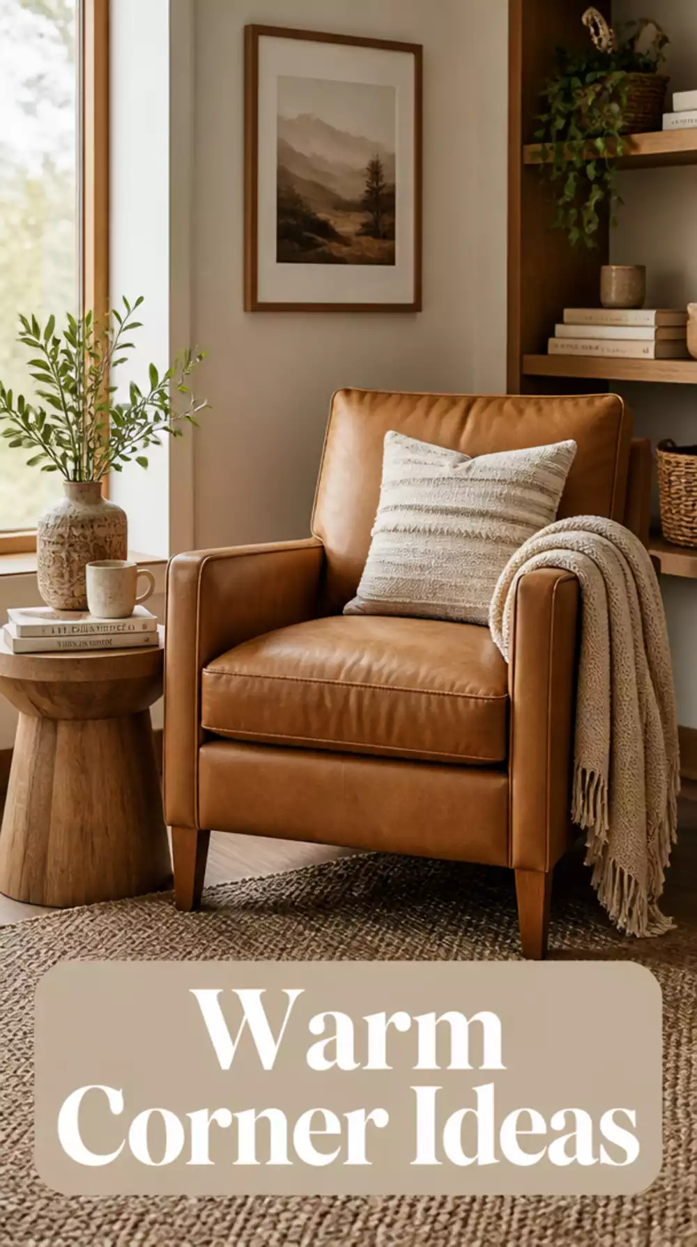 Living Room Transitional Accent Chair in Camel Leather for a Warm Small Compact Corner