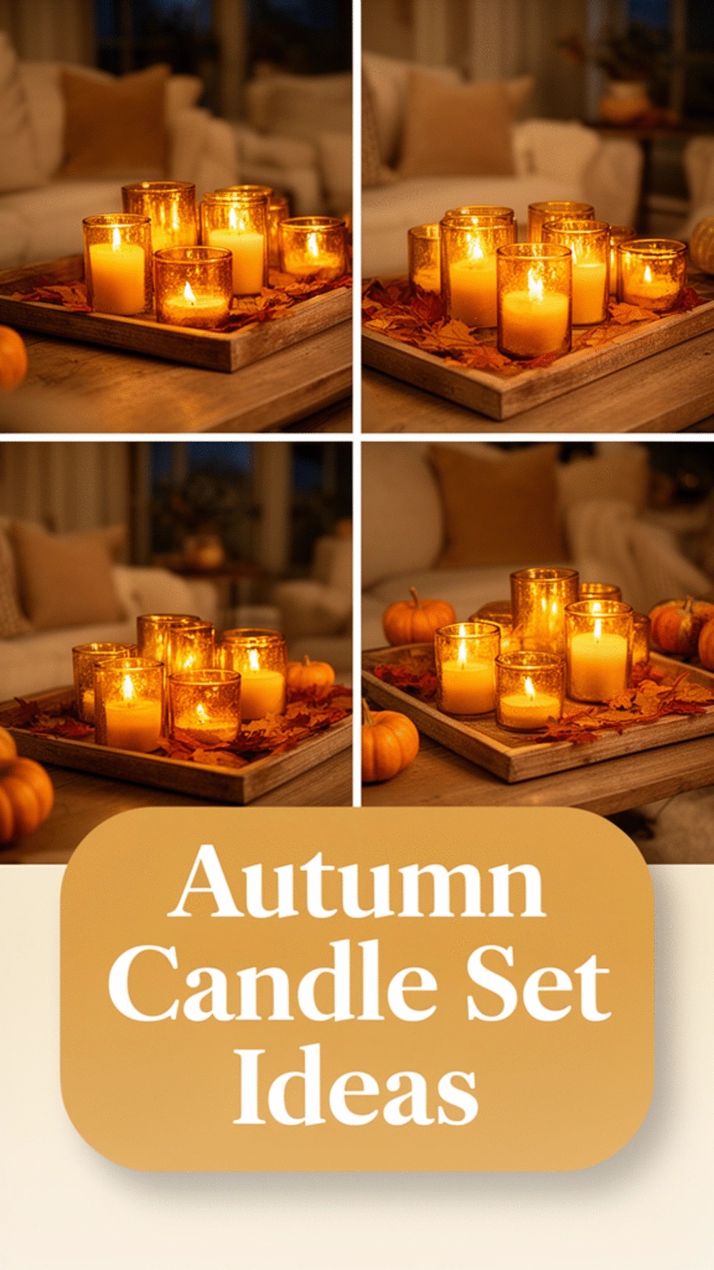 Living Room Autumn Candle Set in Warm Amber Glass on a Wooden Tray