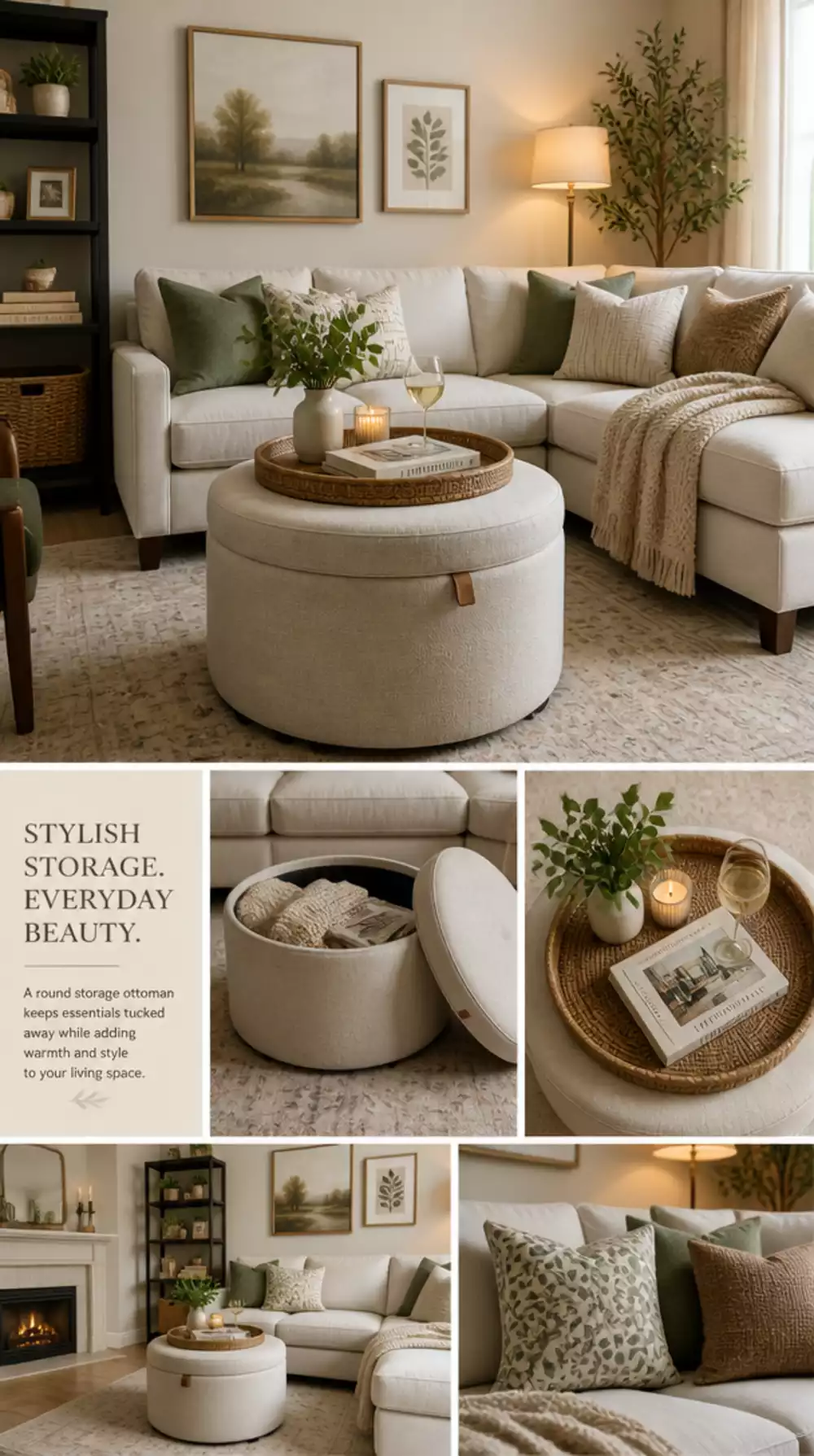 Small Living Room Round Storage Ottoman as a Coffee Table That Frees Up a Tiny Floor Plan