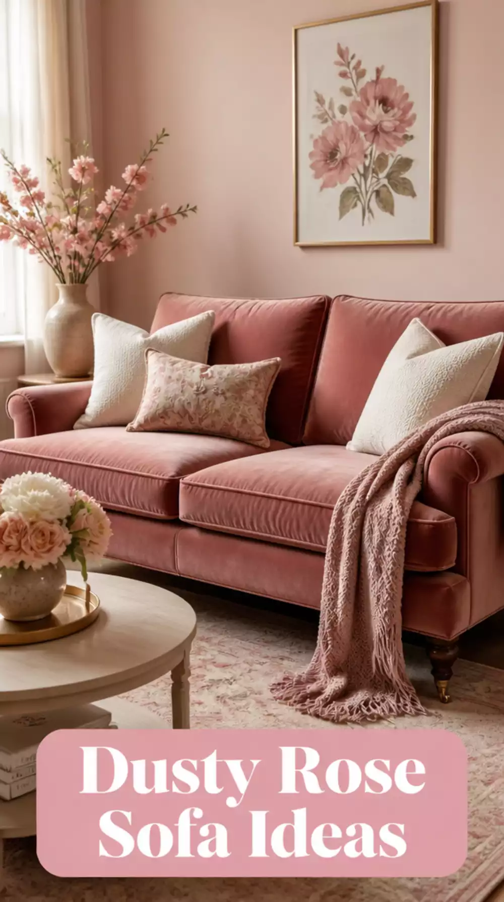 Living Room Dusty Rose Velvet Sofa in a Small Space That Anchors a Romantic Tiny Room