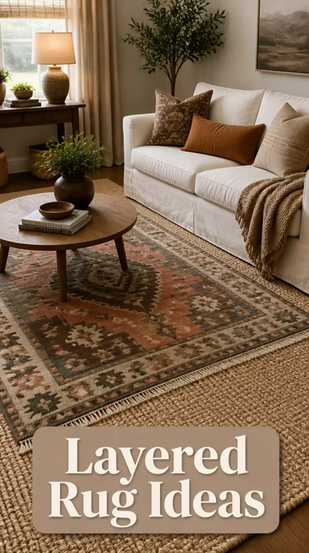 Small Living Room Layered Rug With a Vintage Kilim Over a Jute Base for a Rich Tiny Floor