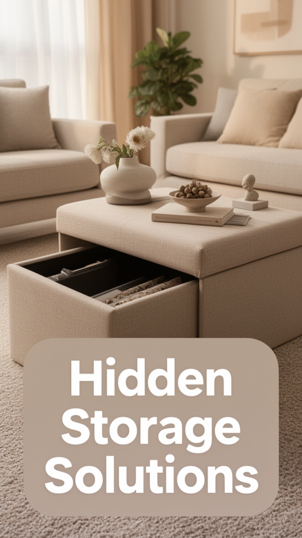 Living Room Storage Ottoman That Hides Laptop, Notebook, and Work Items After Hours