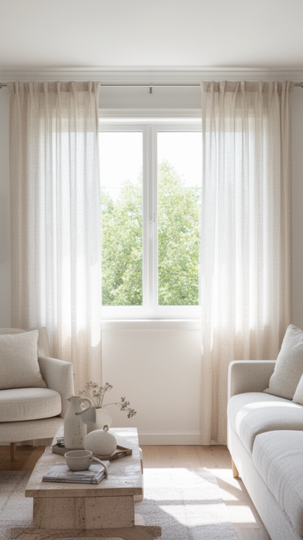 Small Living Room Sheer Linen Curtain Hung Above the Window Frame to Add Height