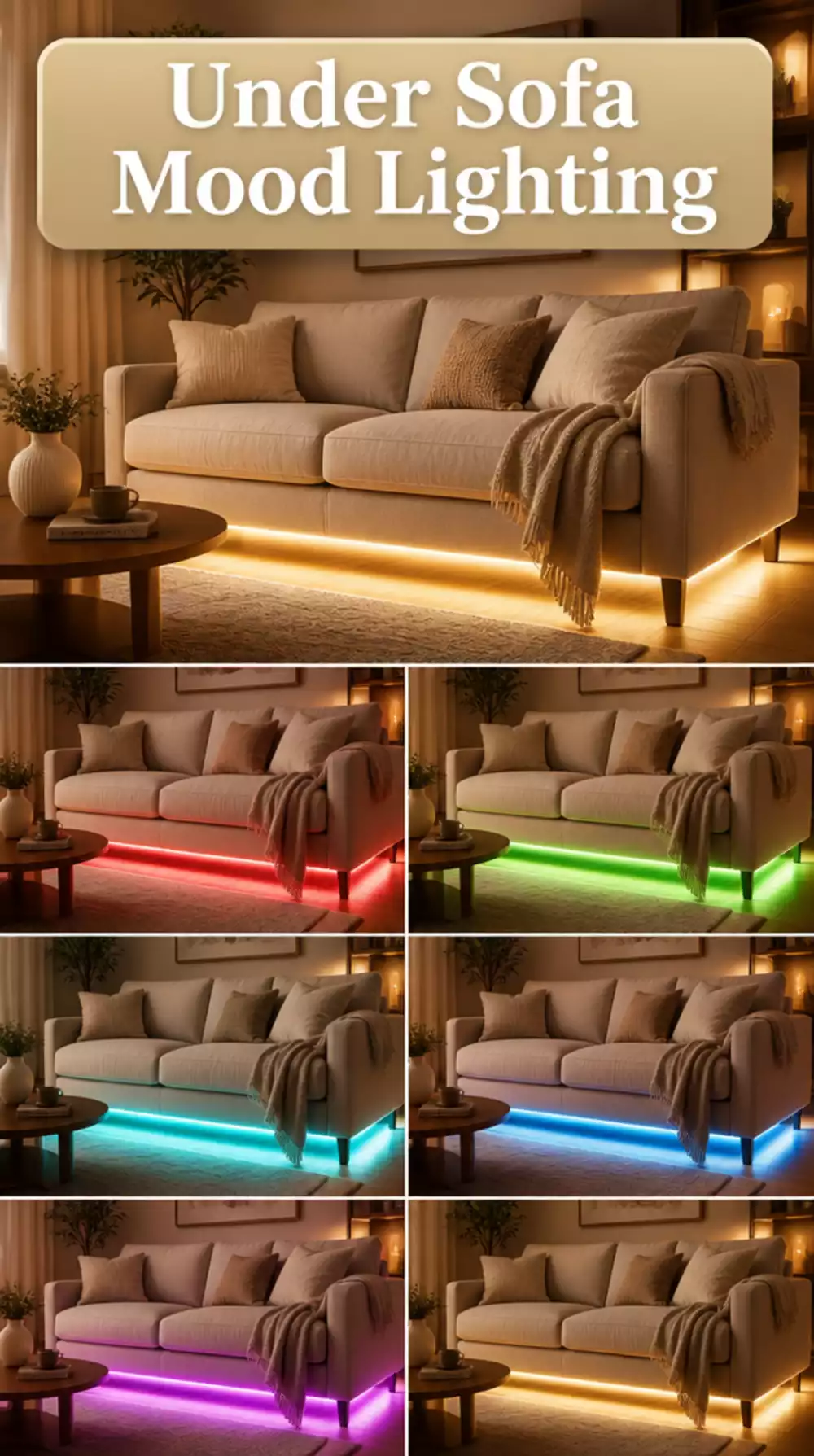 Small Living Room Colour-Changing LED Strip Under the Sofa for a Moody Tiny Room