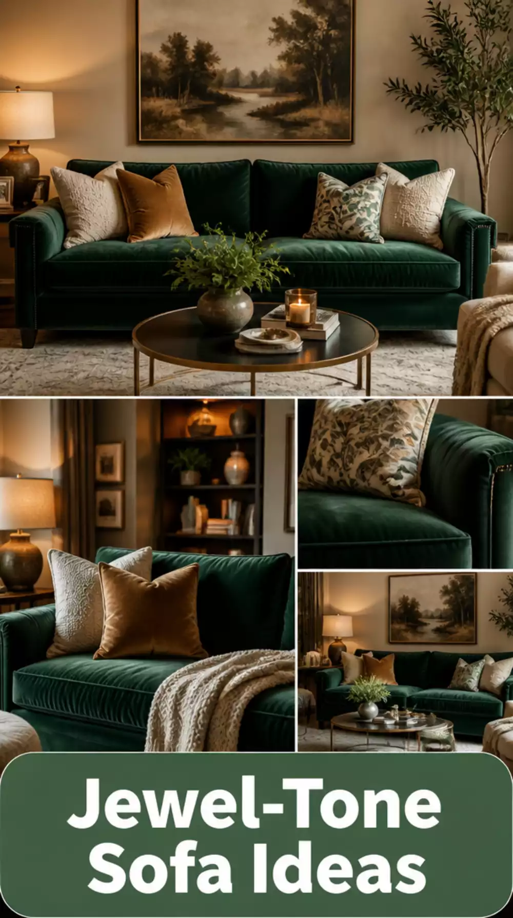 Living Room Jewel-Tone Velvet Sofa in Forest Green for a Moody Small Compact Space