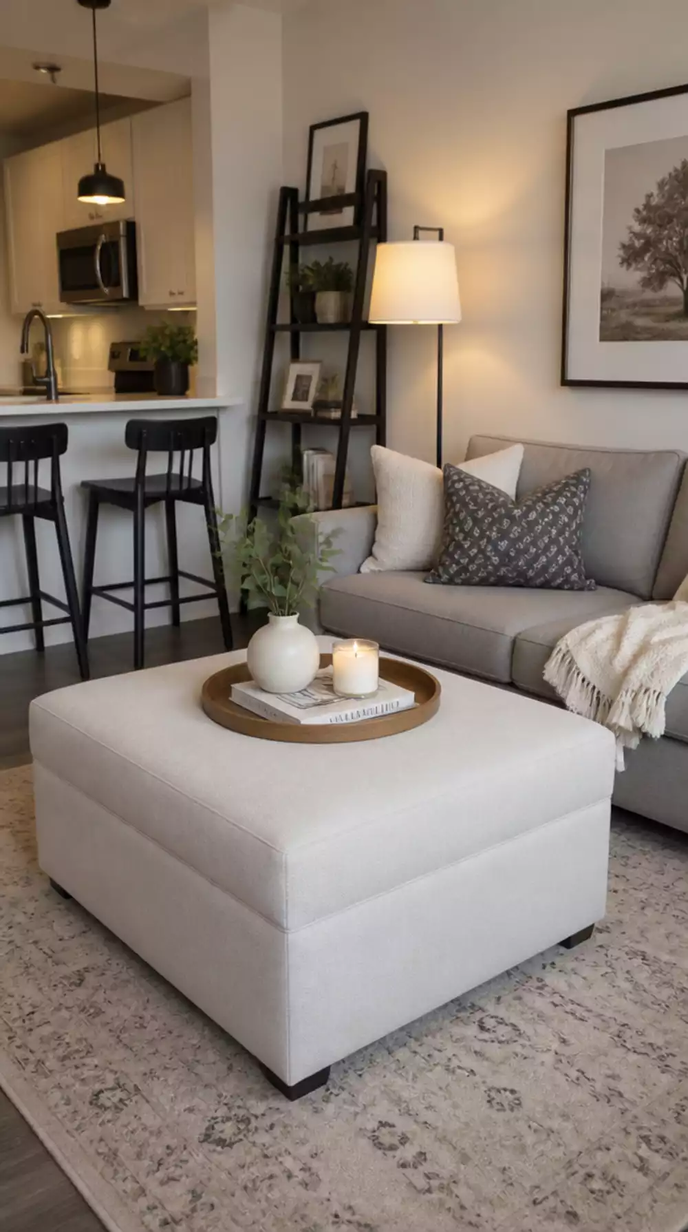 Small Living Room Square Upholstered Ottoman That Replaces a Coffee Table in a Tiny Apartment