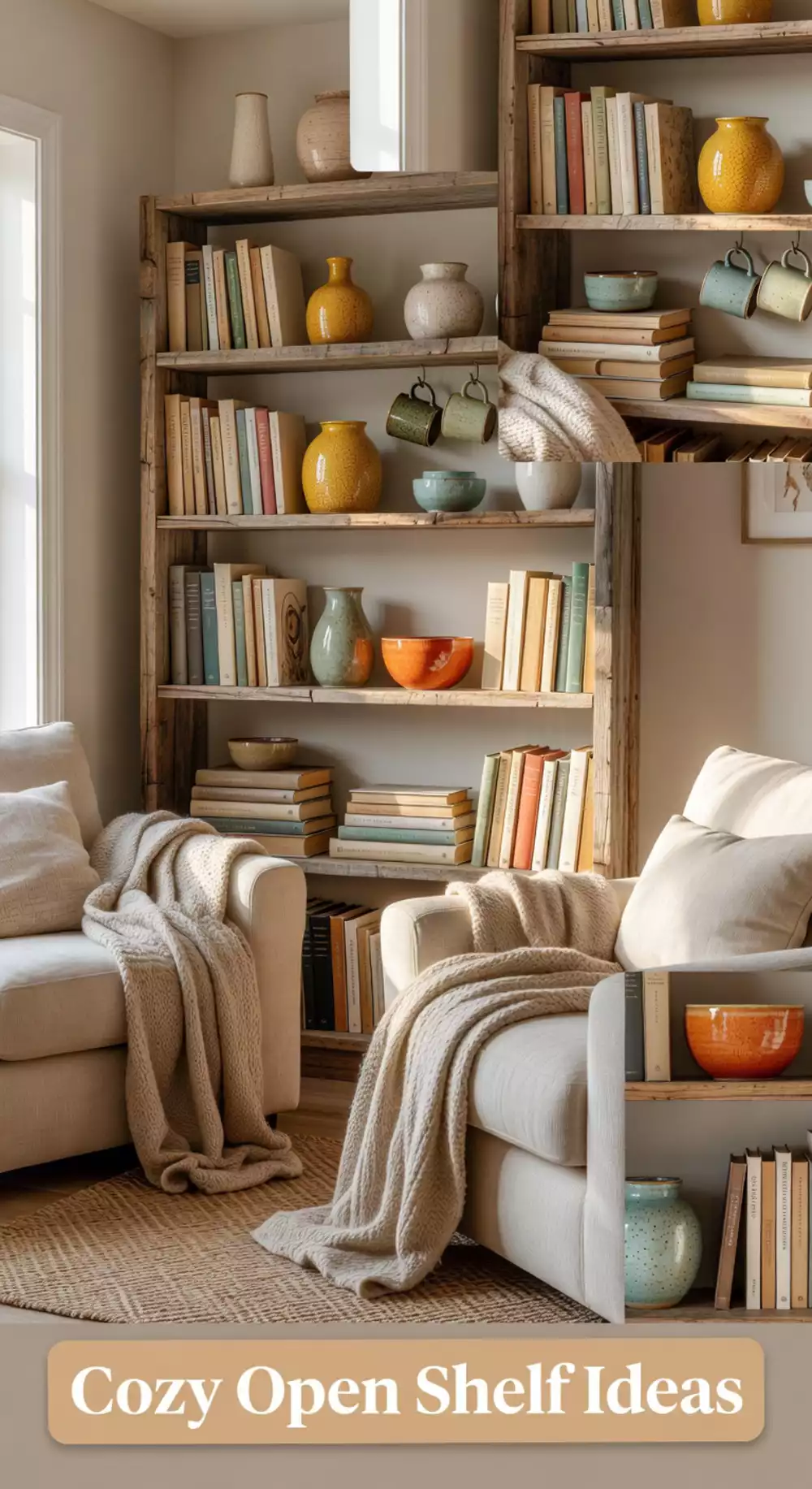 Living Room Open Shelf Styled With Books and Ceramics in a Tiny Cozy Space