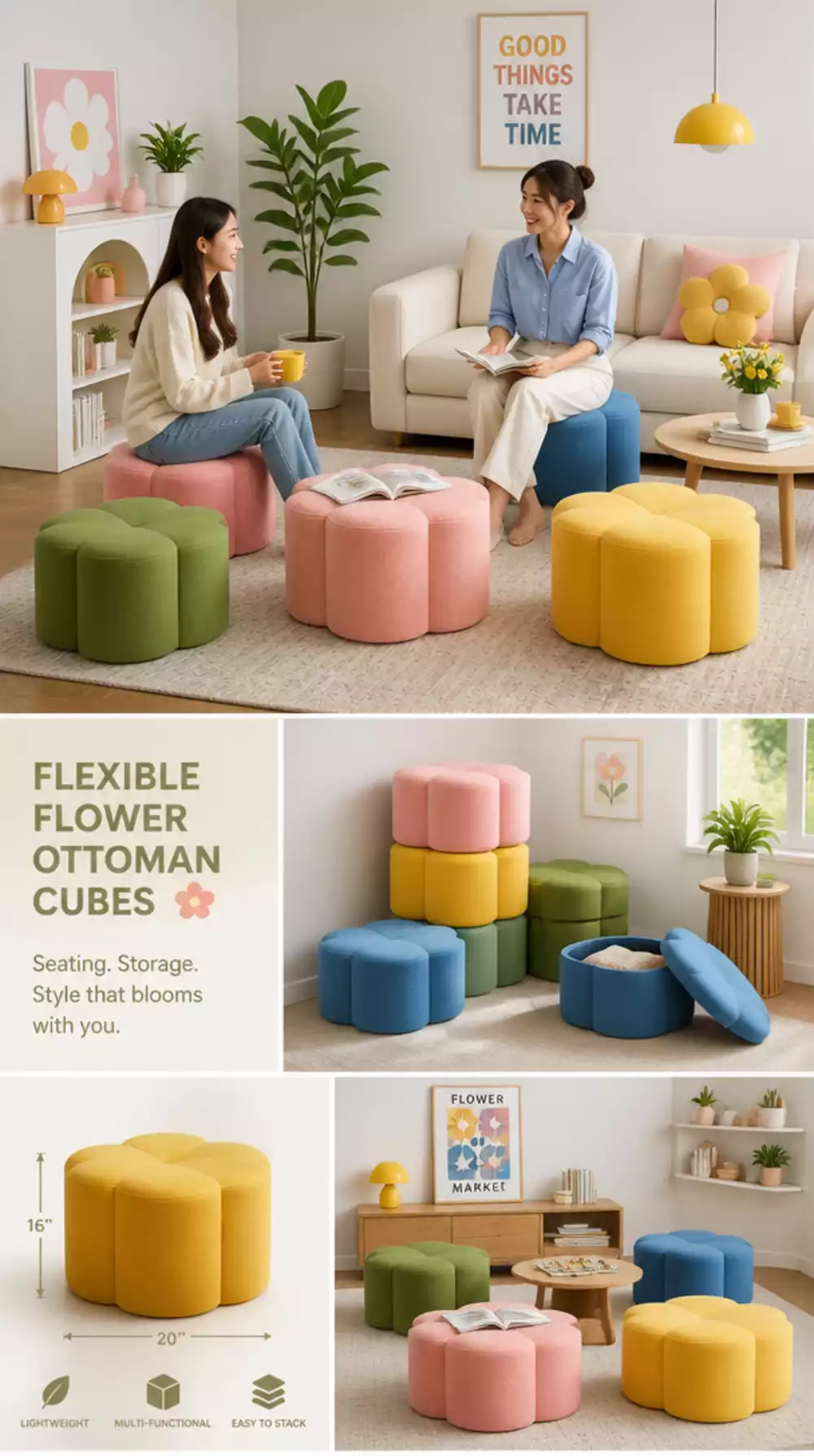 Living Room Pouf Ottoman Cluster in a Small Space That Adds Flexible Guest Seating Fast