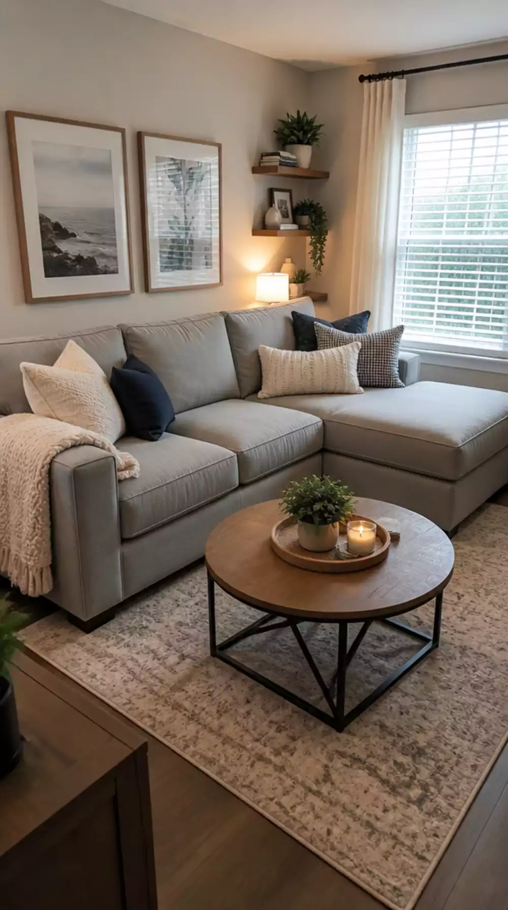 Living Room L-Shaped Sectional in Soft Grey That Anchors a Tiny Space