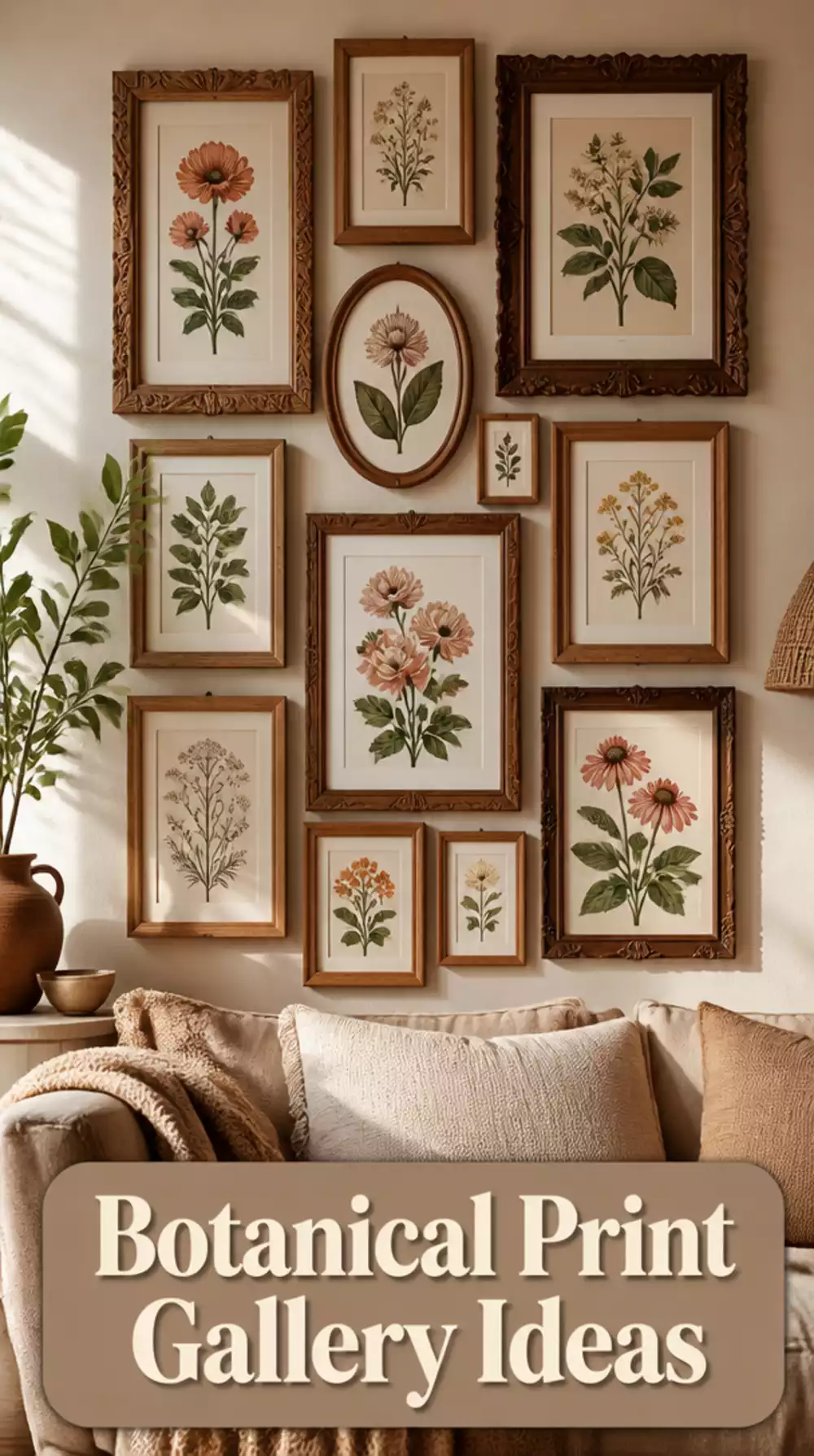 Living Room Botanical Print Gallery in Mismatched Wooden Frames for a Small Cottagecore Wall