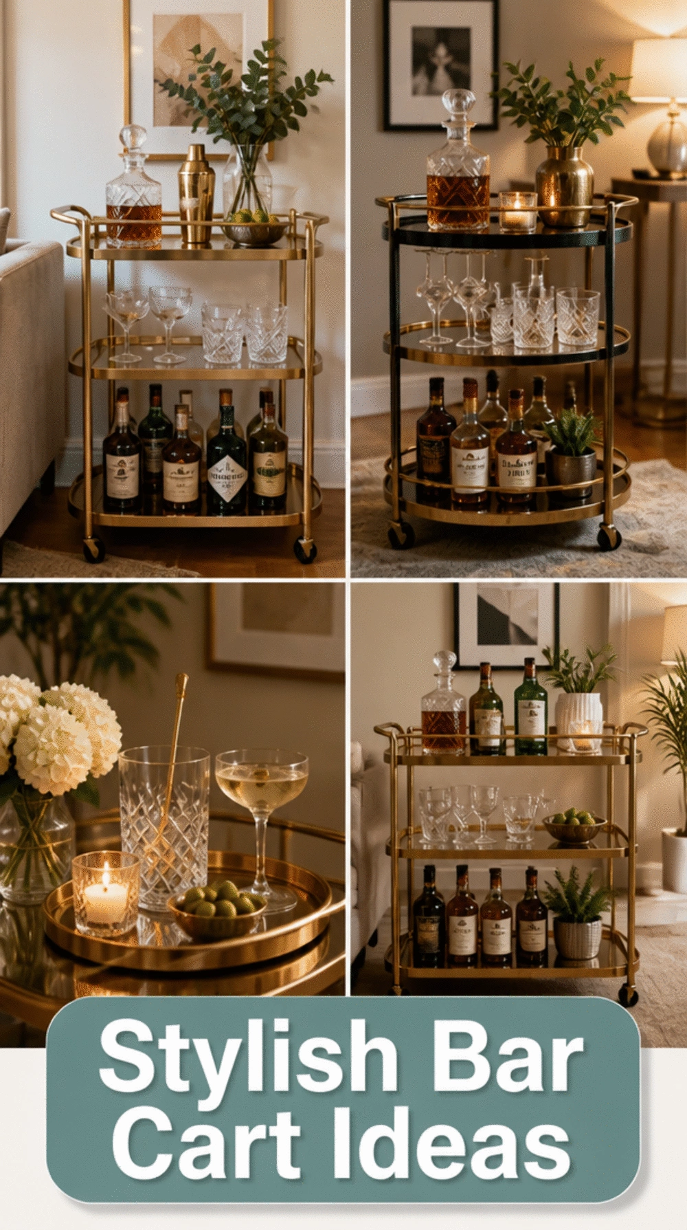 Living Room Tiered Bar Cart Styled With Glassware That Doubles as a Small Space Display