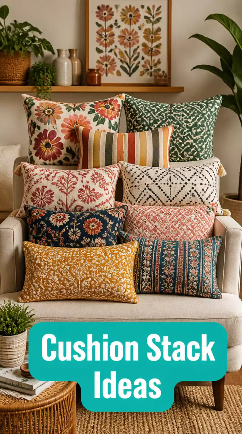 Living Room Pattern-Mixed Cushion Stack on a Small Maximalist Sofa That Pops With Life