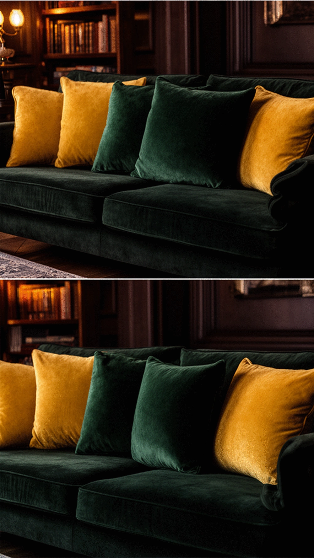 Living Room Deep Forest Green Velvet Cushion Set on a Dark Sofa