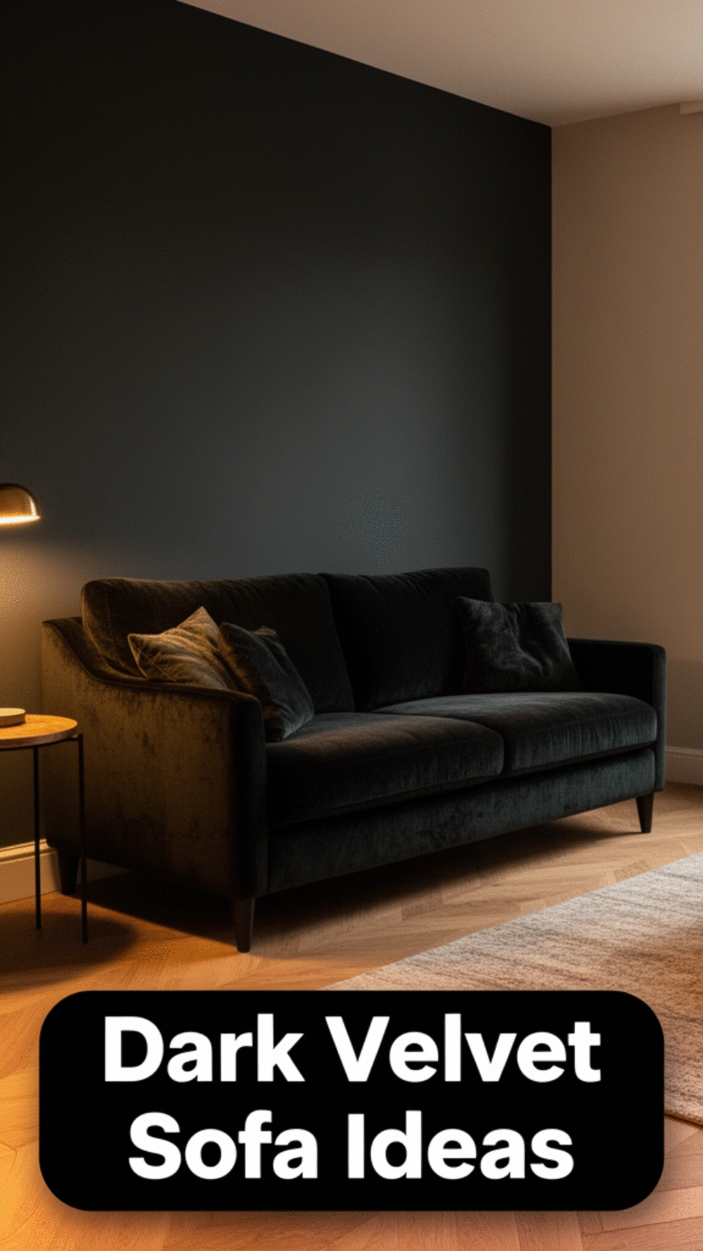 Small Living Room Velvet Sofa in a Dark Tone Against a Moody Accent Wall