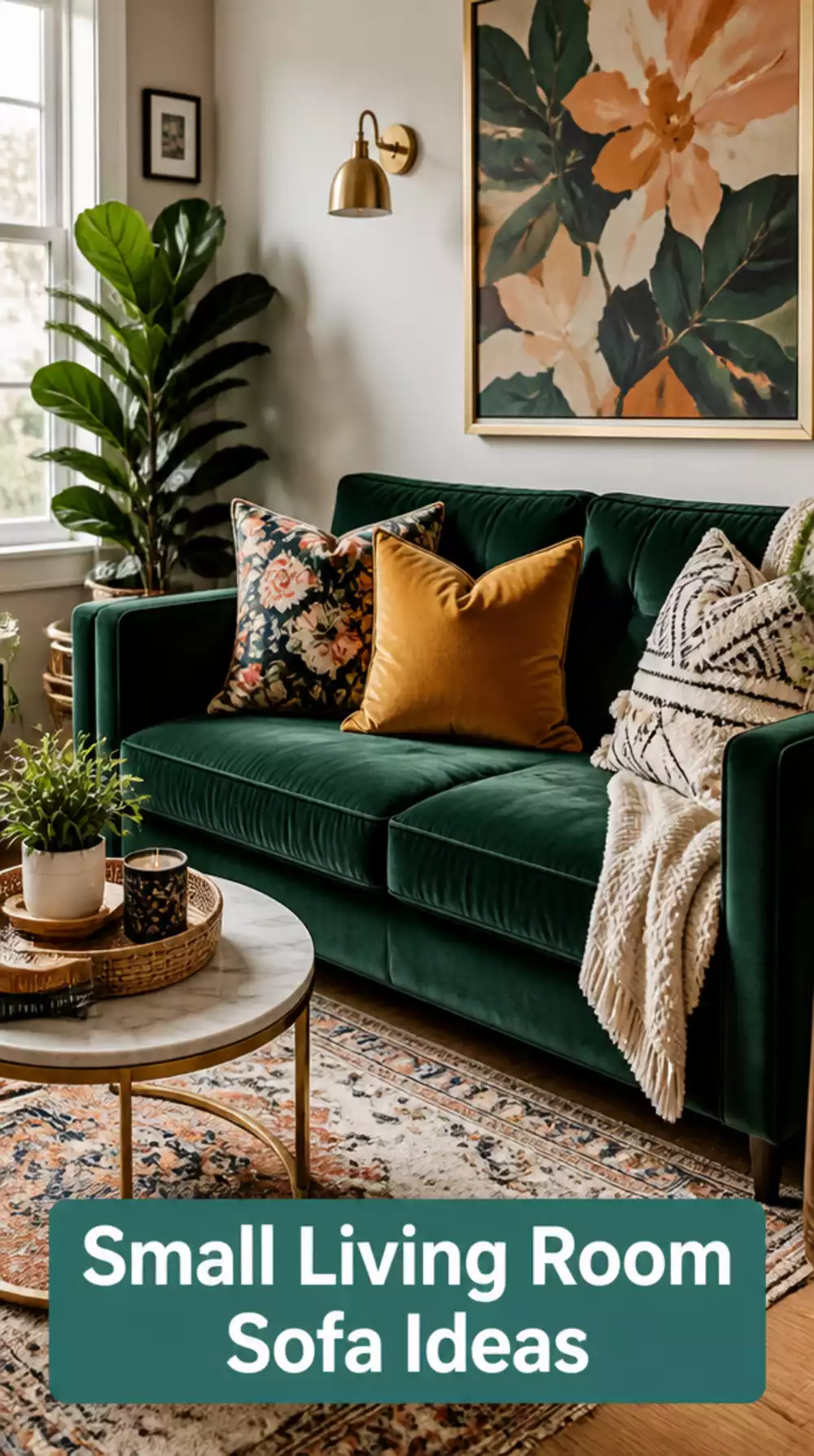 Small Living Room Velvet Sofa in Deep Emerald That Anchors an Eclectic Tiny Room