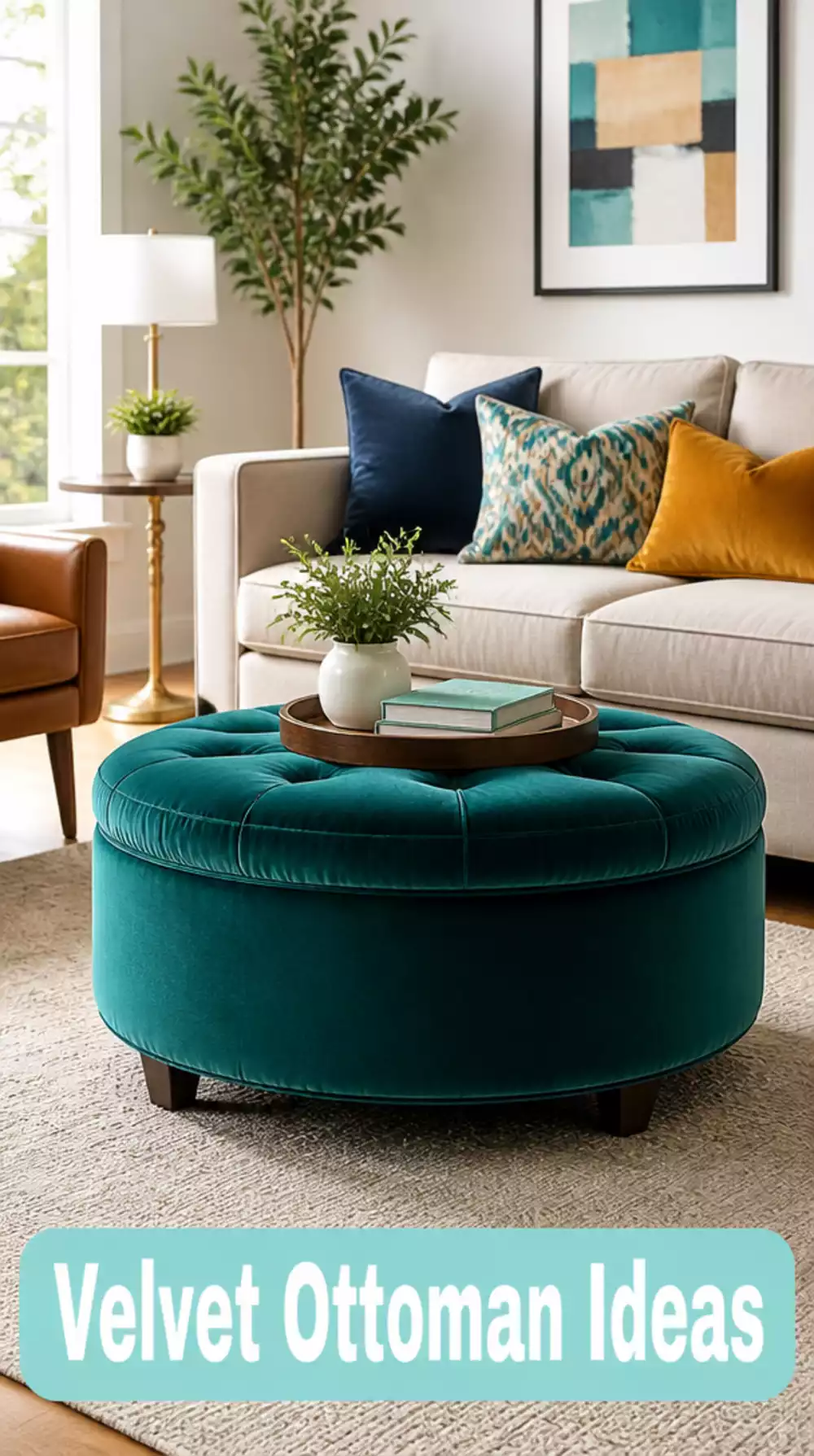 Small Living Room Velvet Ottoman in Deep Teal That Acts as a Coffee Table and a Tiny Pop of Colour