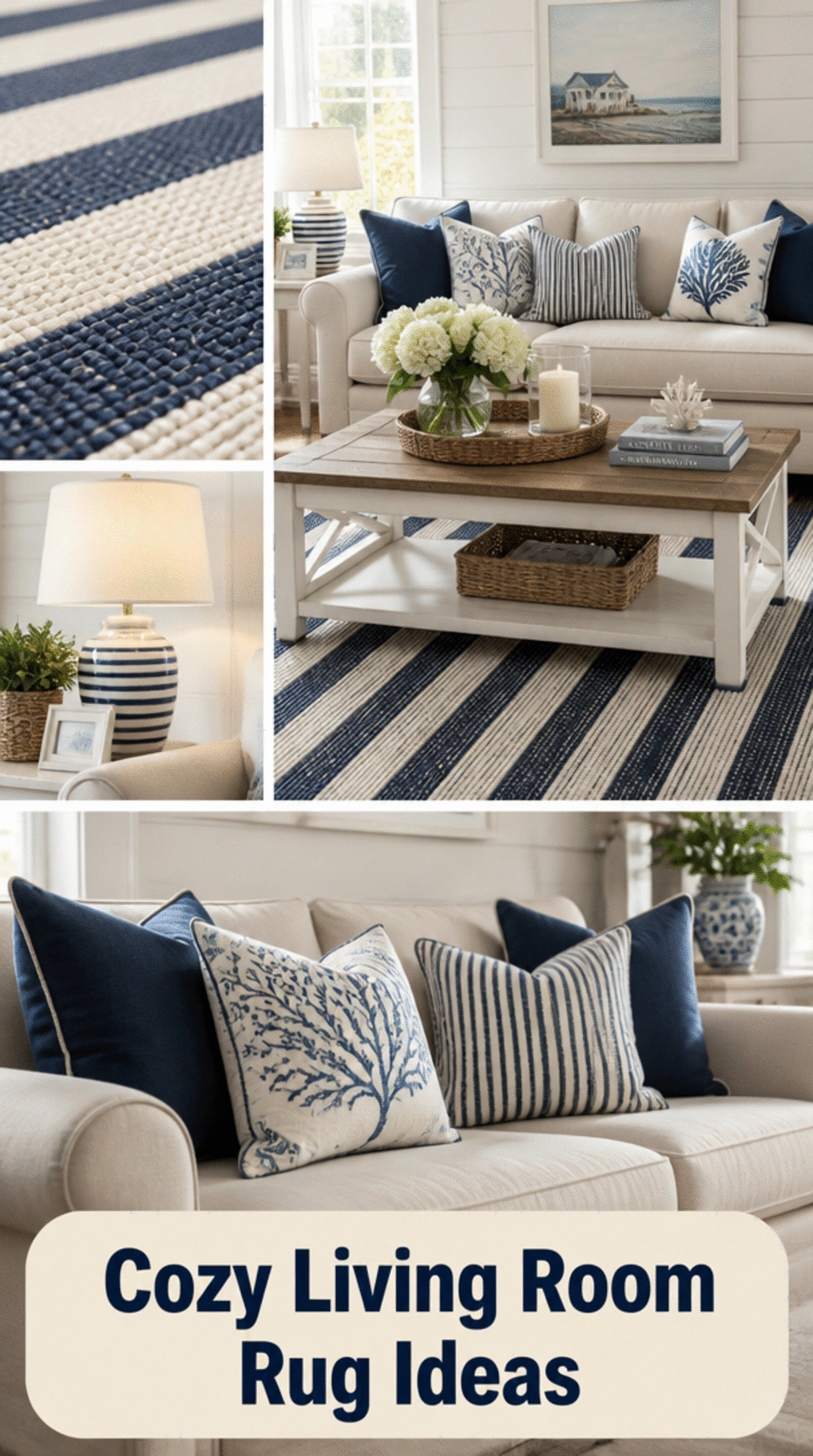 Living Room Navy and White Stripe Rug in a Small Hamptons Space That Anchors the Seating Zone