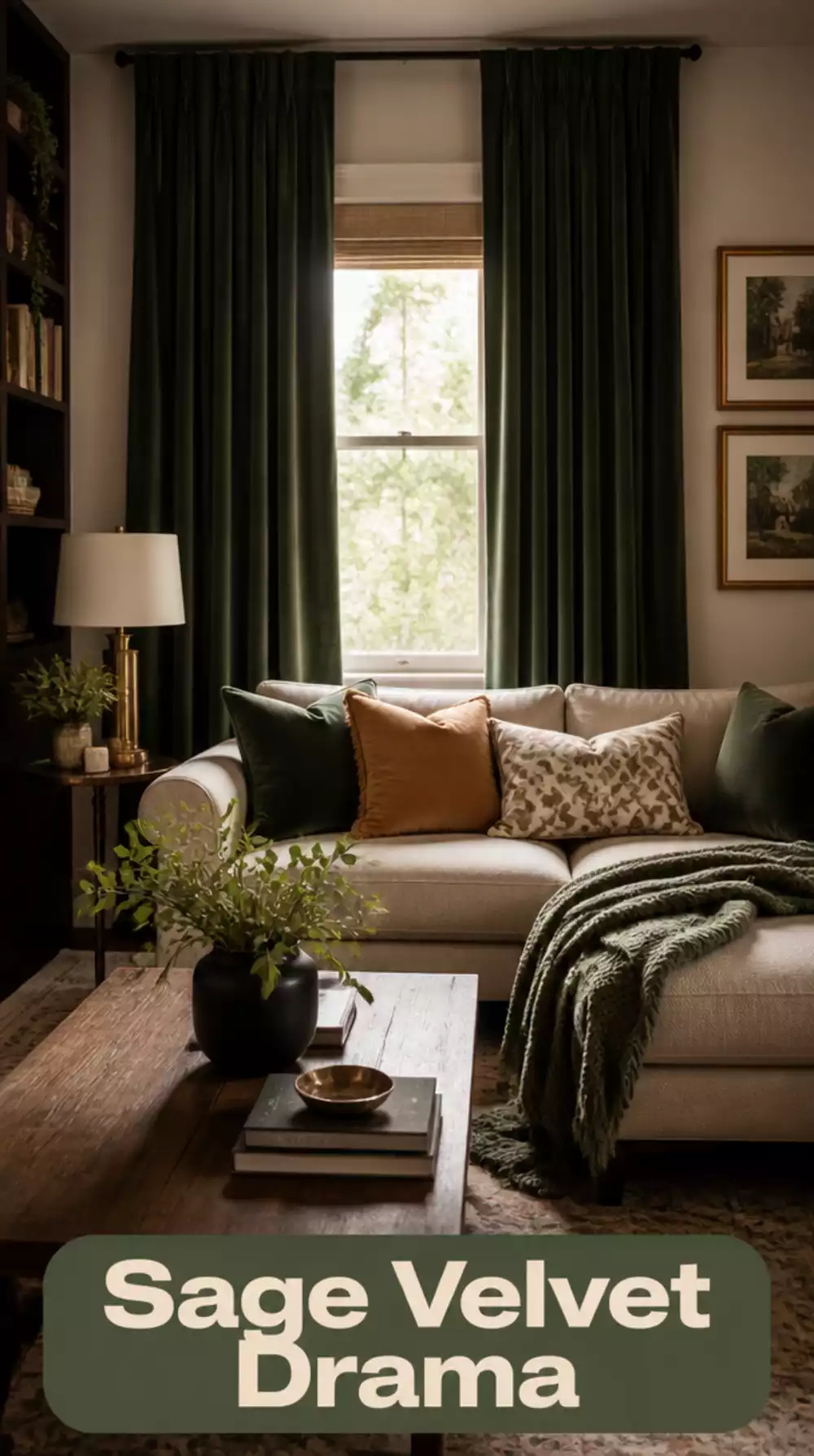 Living Room Velvet Curtain in Deep Sage That Adds Drama to a Small Compact Window