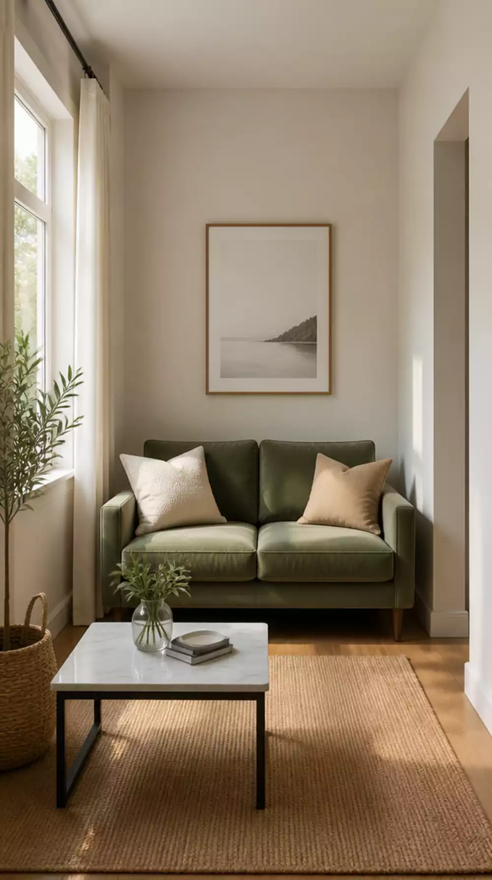 Narrow Living Room Sofa Placement That Draws the Eye Across the Short Wall