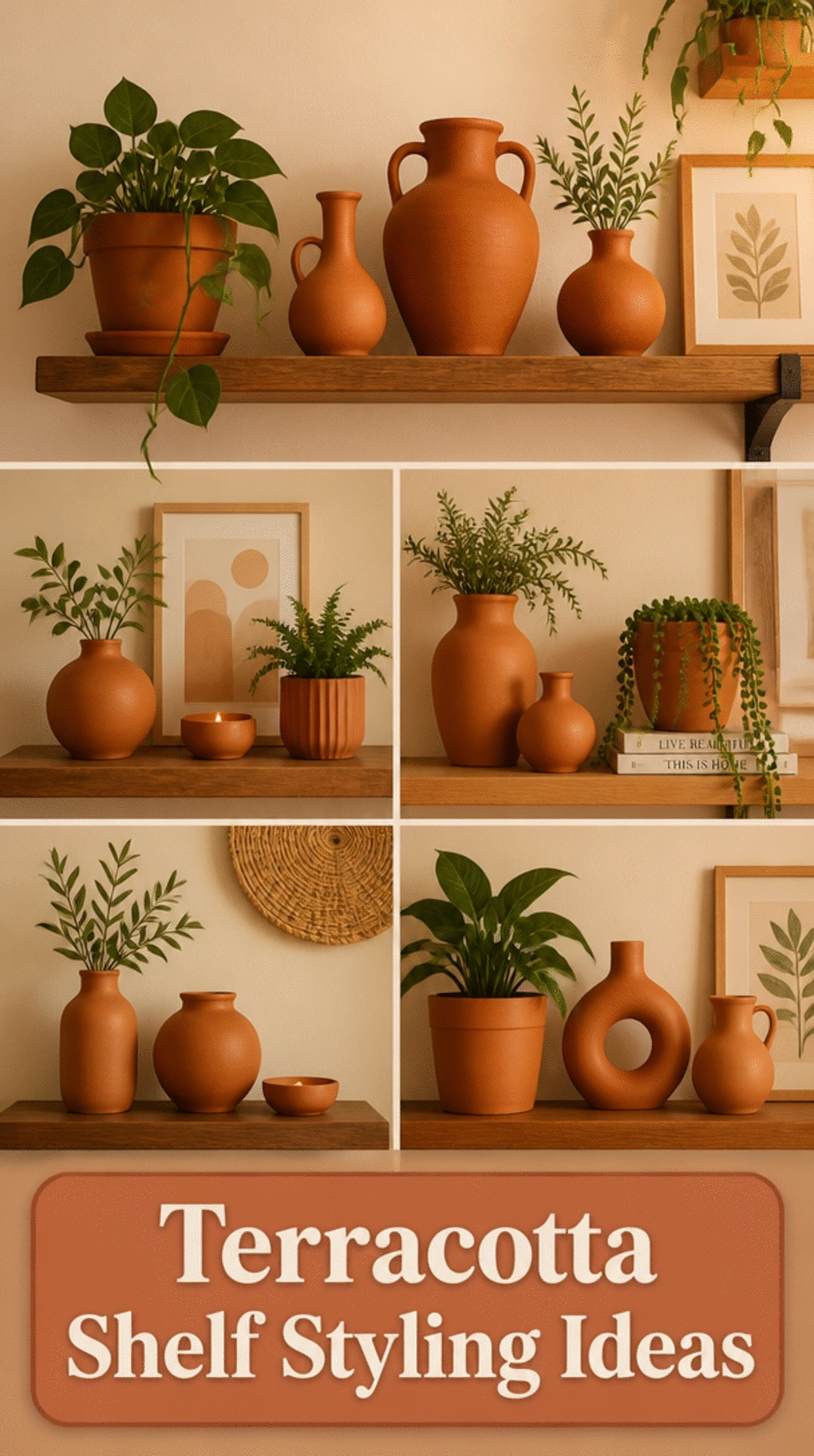 Small Living Room Single-Colour Shelf Styling in Terracotta That Makes a Tiny Display Feel Cohesive