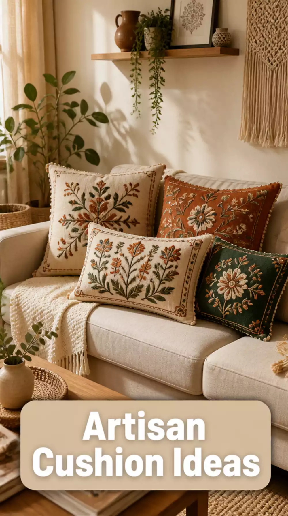 Small Living Room Embroidered Cushion Cover That Adds Artisan Detail to a Tiny Sofa